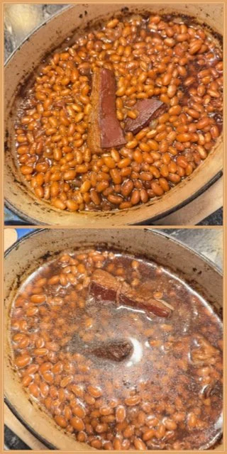 New England baked beans mid-bake, showing the liquid too low and then topped up with hot water