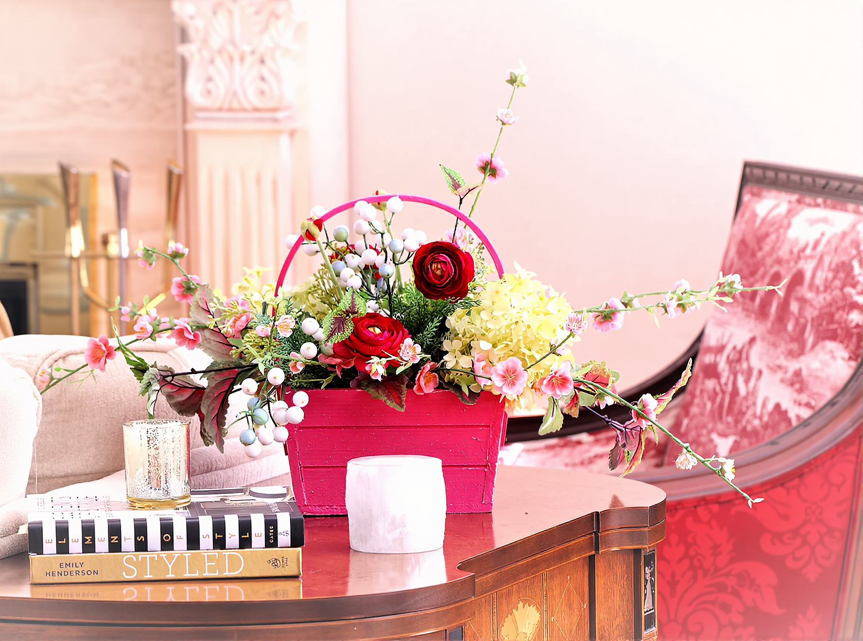 home vignette with layered textures and mixed materials