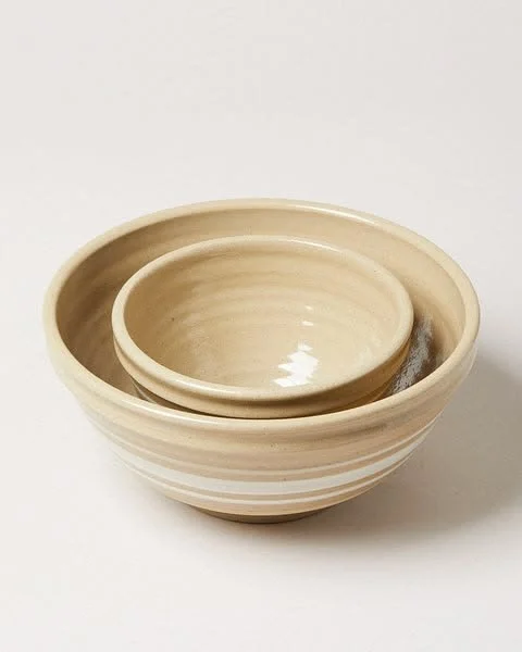 Hand-painted Farmhouse yellowware stoneware bowl with white bands, wheel-thrown in Vermont.