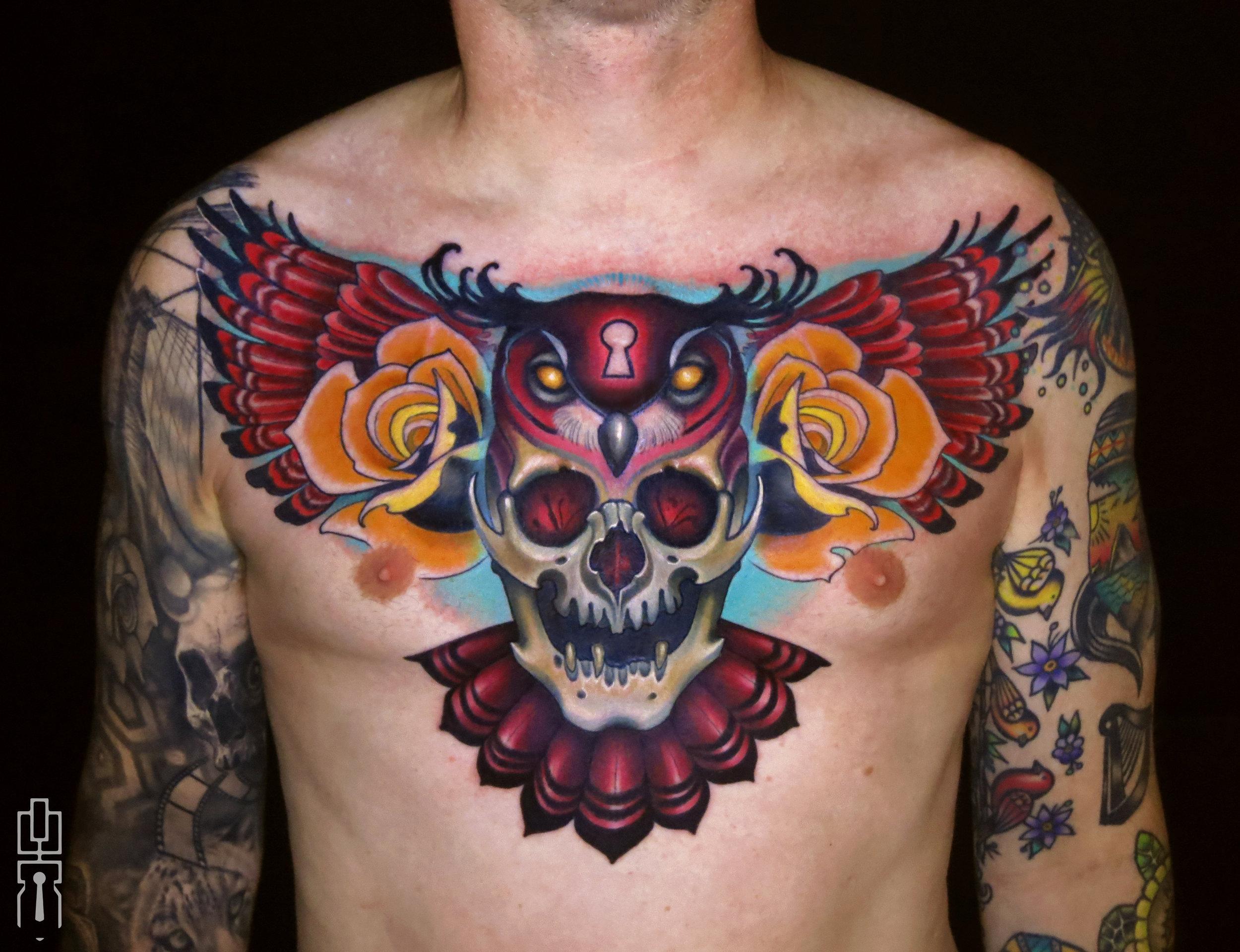 red owl skull chest piece tattoo 2.jpg