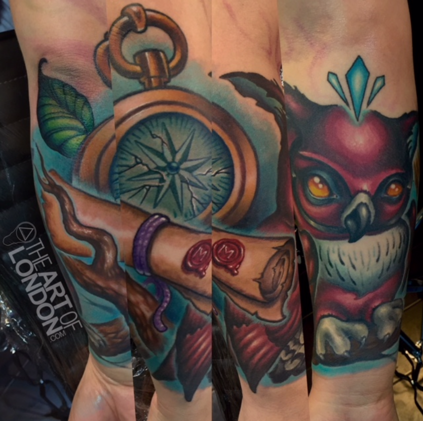 new school owl compass scroll tattoo.png