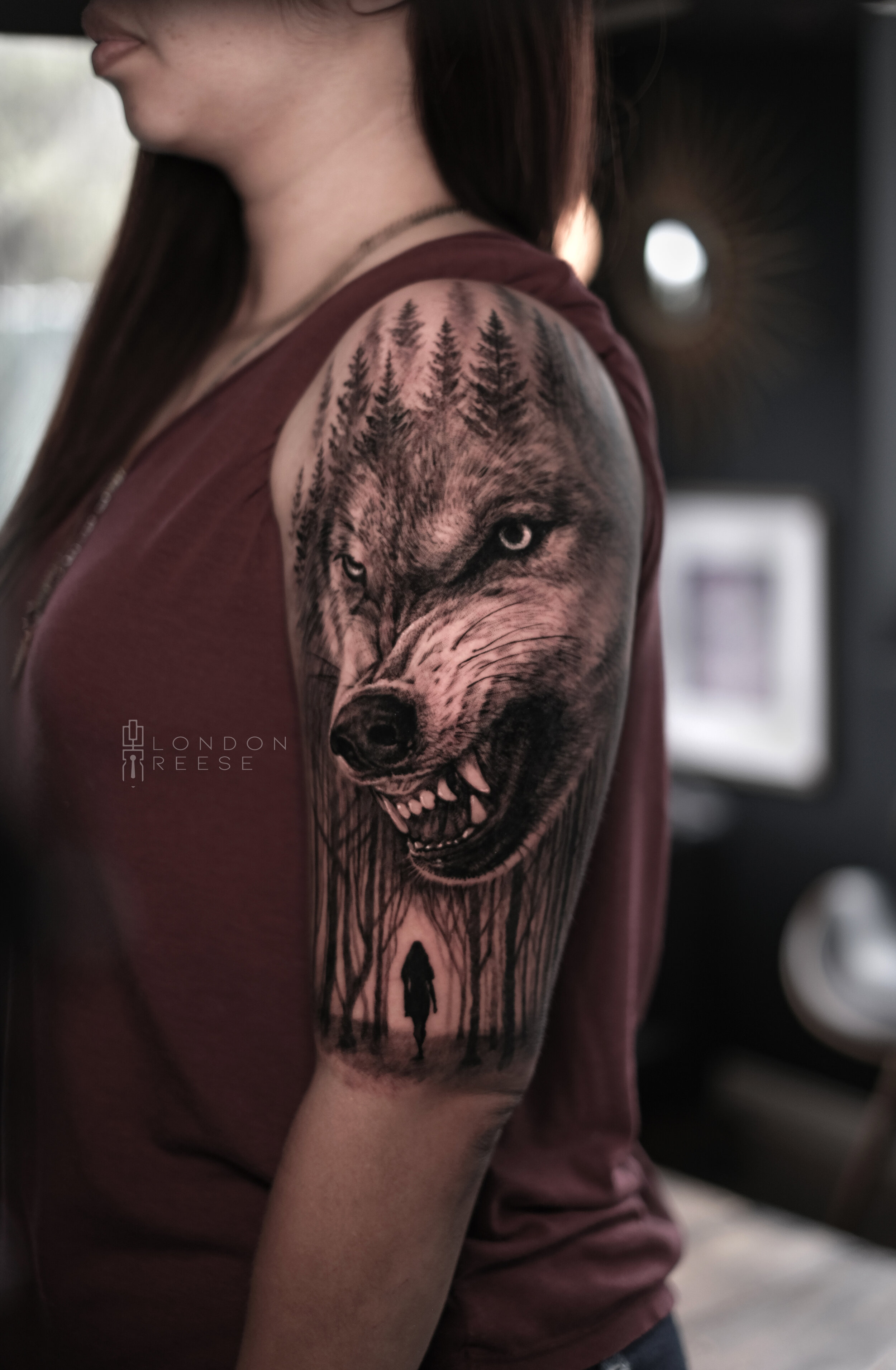 wolf girl in forest trees black and grey tattoo copy.jpg