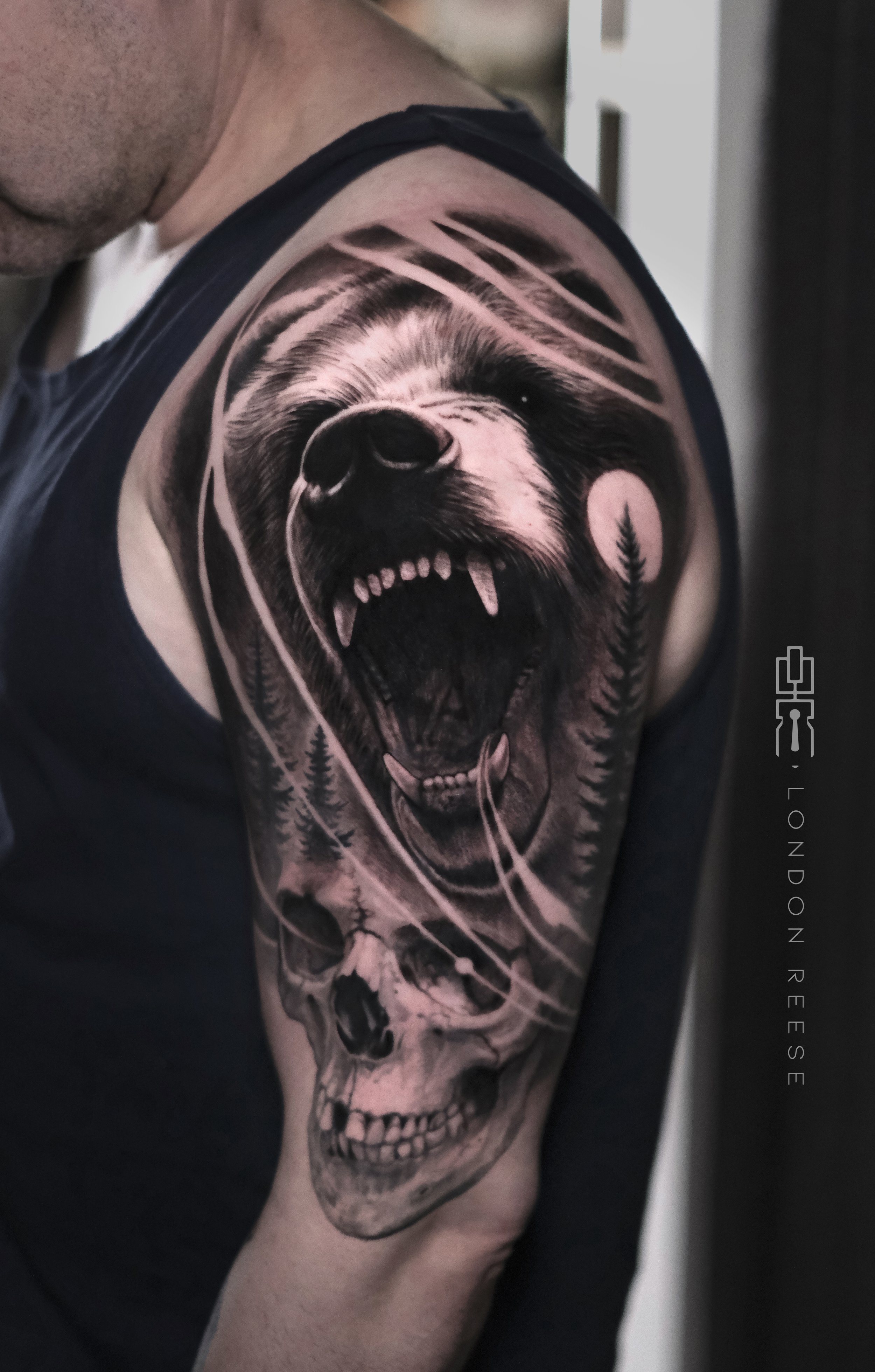 grizzly bear skull trees half sleeve tattoo.jpg