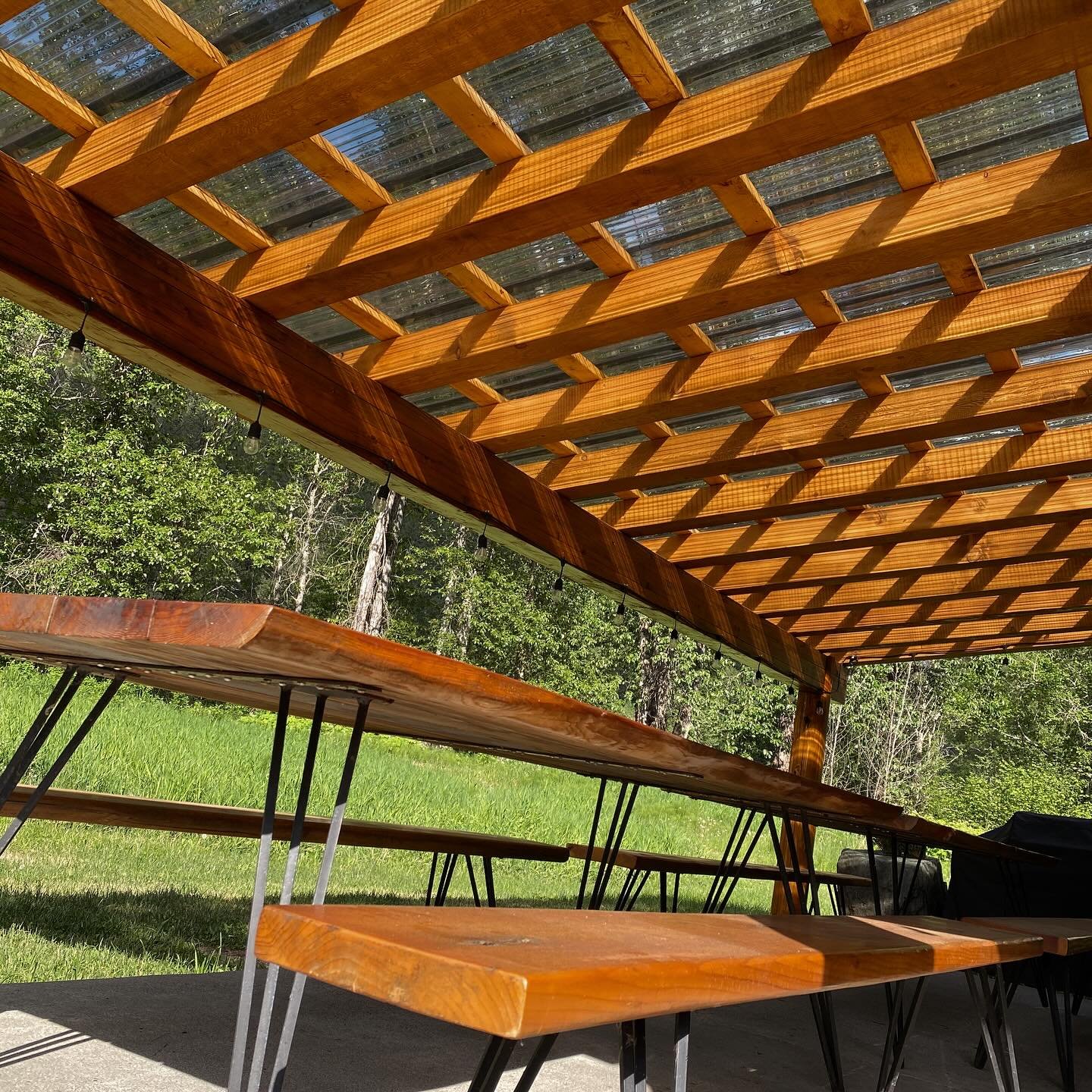 If you rented the cabins or booked your wedding here this summer, you&rsquo;ll be stoked to see we updated the outdoor kitchen with a roof extension to cover the picnic tables. The roof is clear tinted so it will let the light in but won&rsquo;t be t