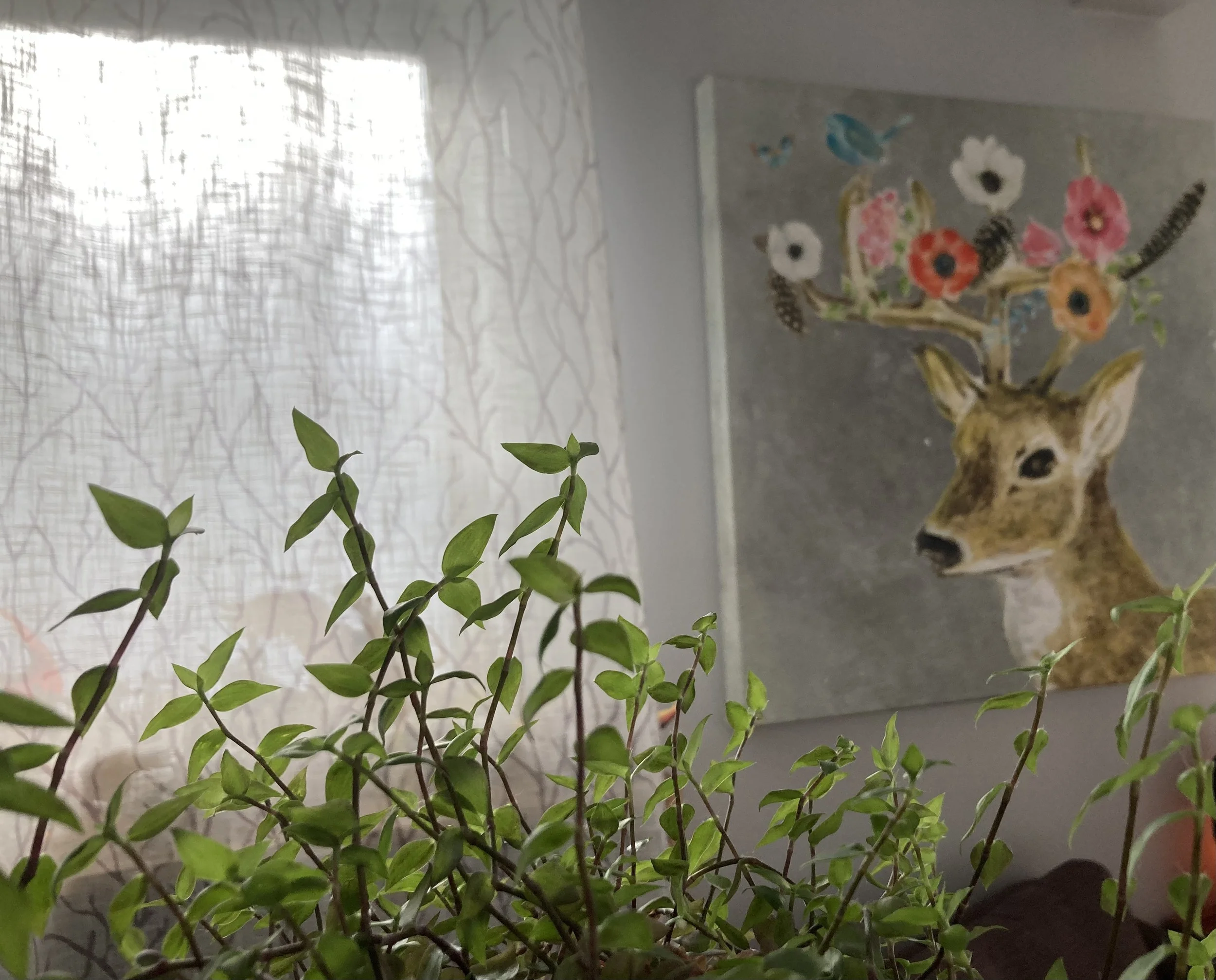 Indoor scene with green leafy plants in the foreground and a wall hanging of a deer with decorated antlers featuring colorful flowers and small butterflies in the background.