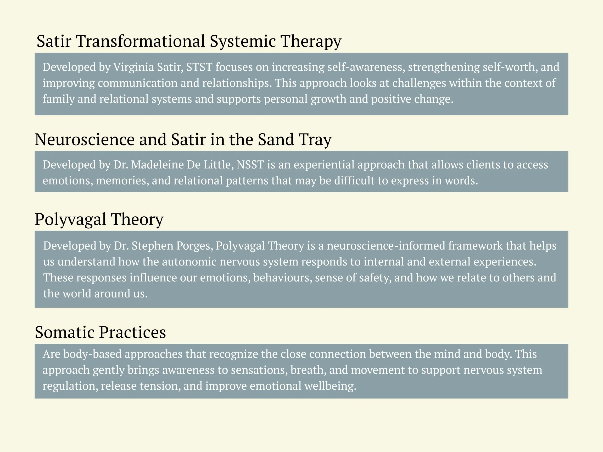 An informational poster with four sections describing different therapy approaches. The sections include Satir Transformational Systemic Therapy, Neuroscience and Satir in the Sand Tray, Polyvagal Theory, and Somatic Practices. Each section contains a title and a paragraph explaining the approach.