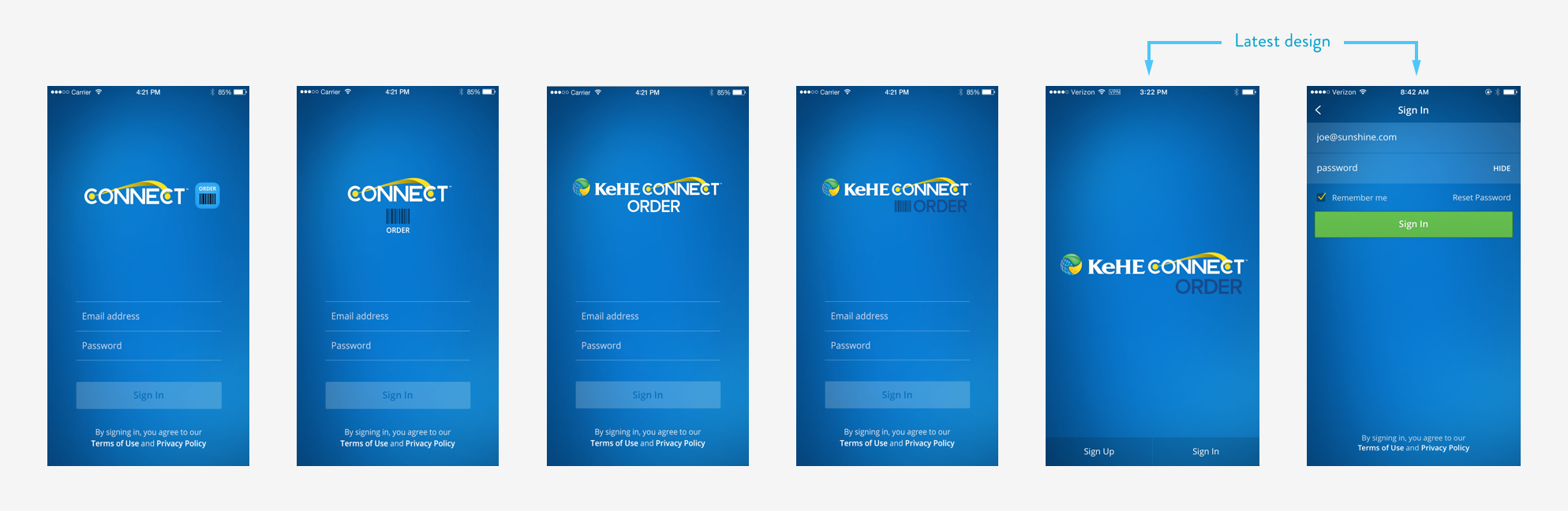 Sign in screen iterations.