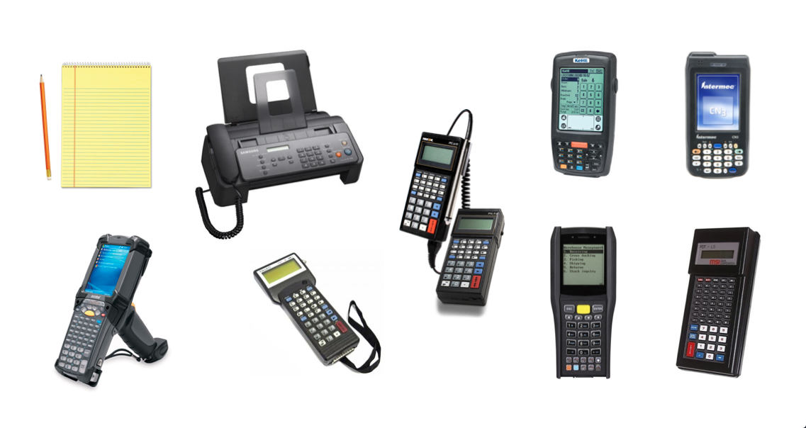 Some of KeHE's existing ordering solutions, before the KeHE Connect Order app. The most "modern" solution here is the Telxon device, pictured in the top right.