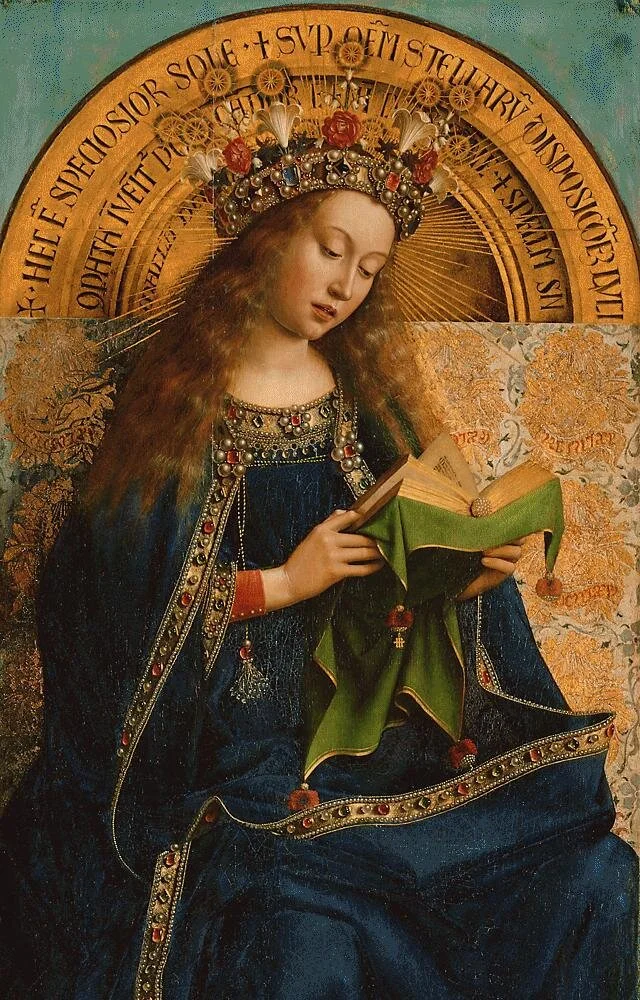 The Virgin Mary from the Ghent Altarpiece, by&nbsp;Jan van Eyck 1432. Public domain.