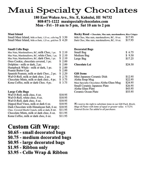 Product List — Maui Specialty Chocolates