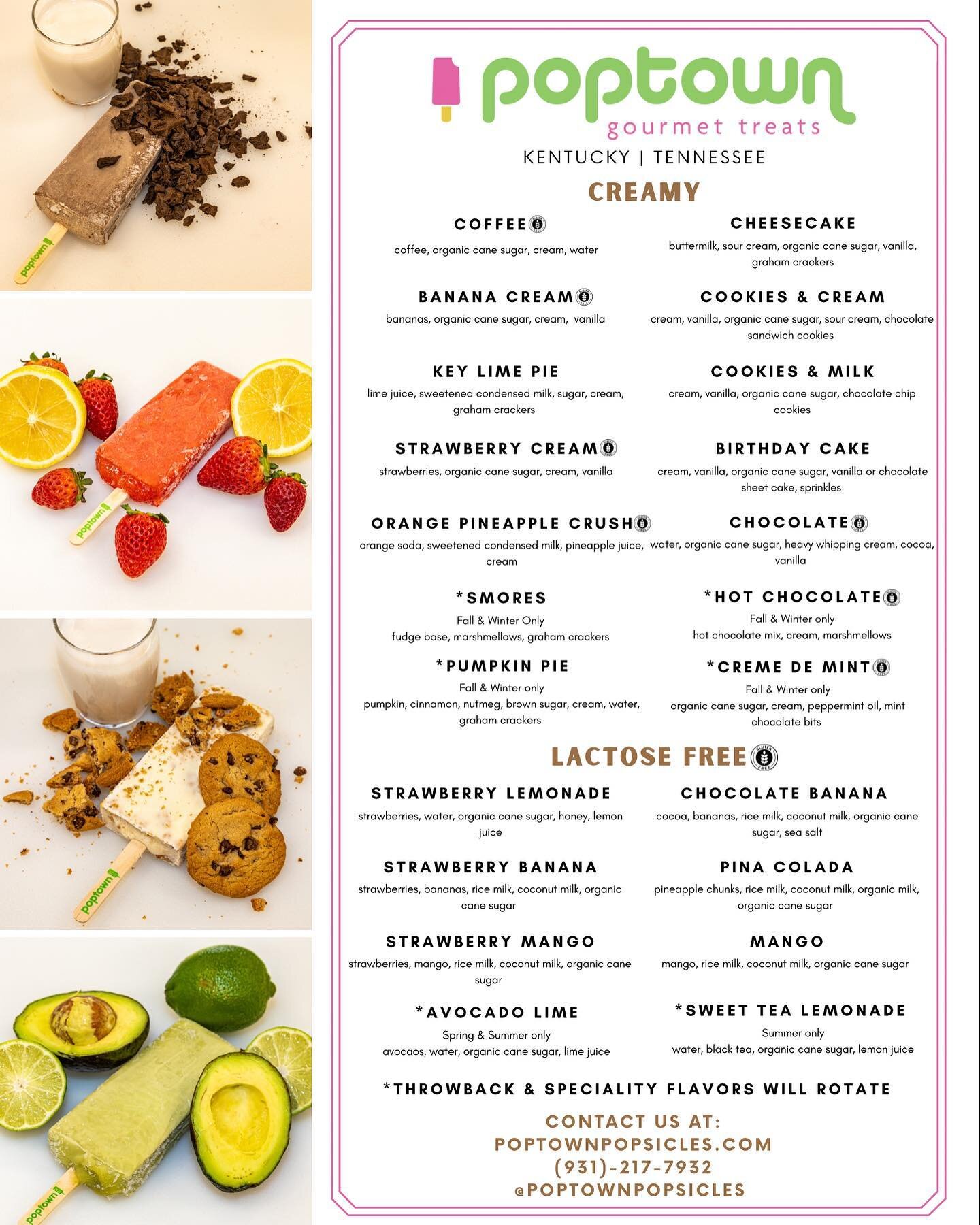 🍓🥑 UPDATED MENU 🍪🍌 Our handmade gourmet popsicles are made in small batches from the best ingredients!  Comment your favorite Poptown Pop 🤩