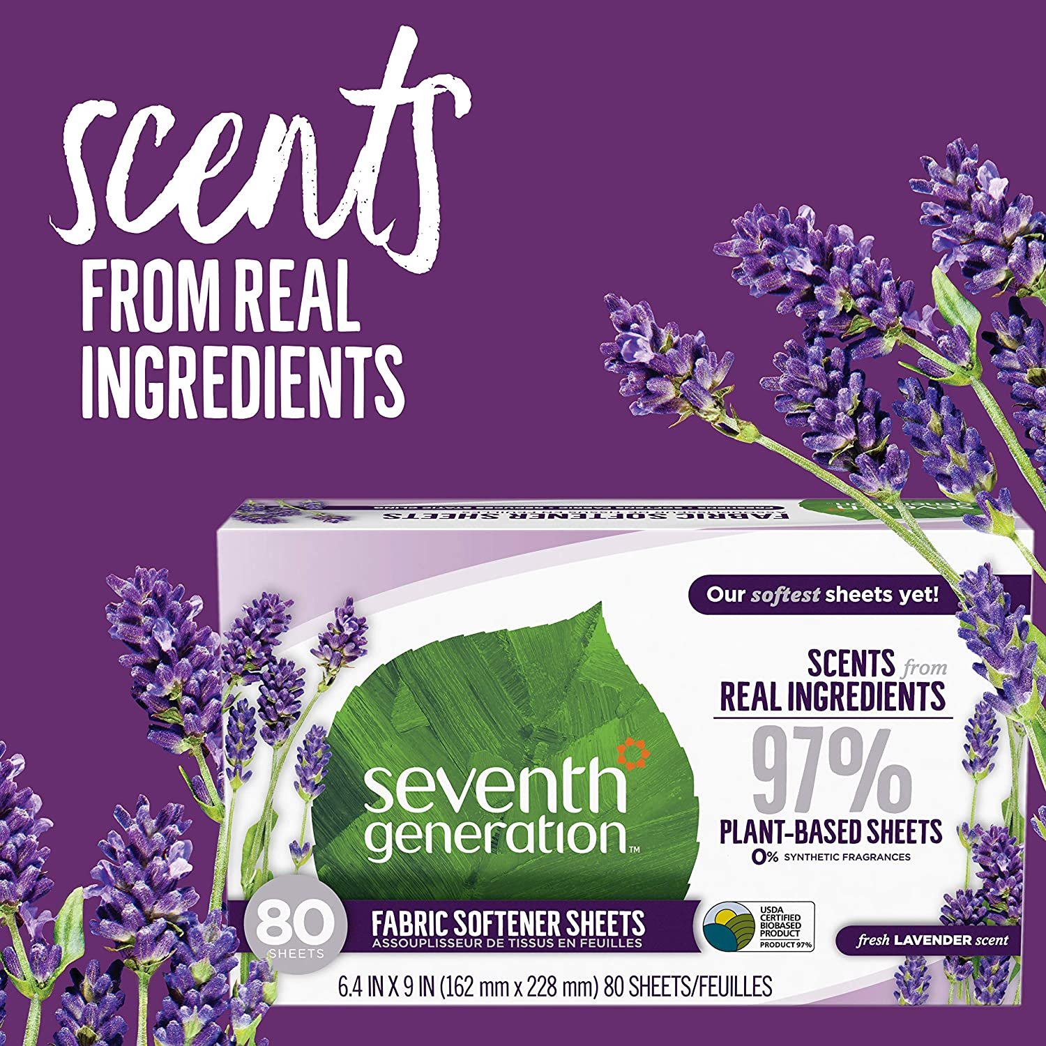 Seventh Generation Dryer Sheets, Fabric Softener, Fresh Lavender Scent, 80 Count