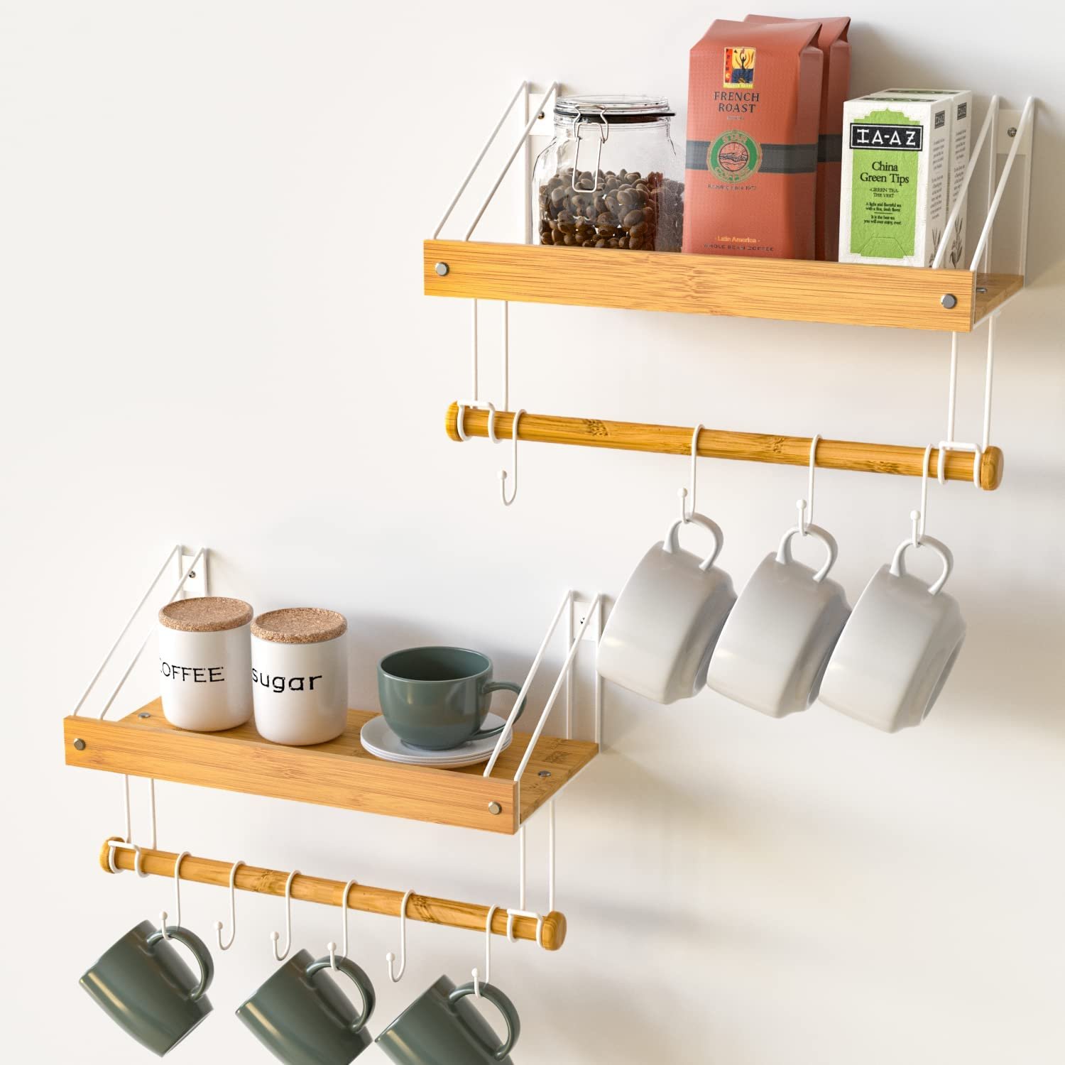 Bamboo Floating Shelves Wall Mount Organizer for Living Room Kitchen Bathroom