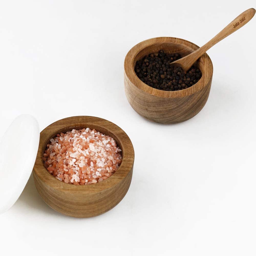 jalz jalz Large Wood Salt Box with Spoon Spice Seasonings Keeper