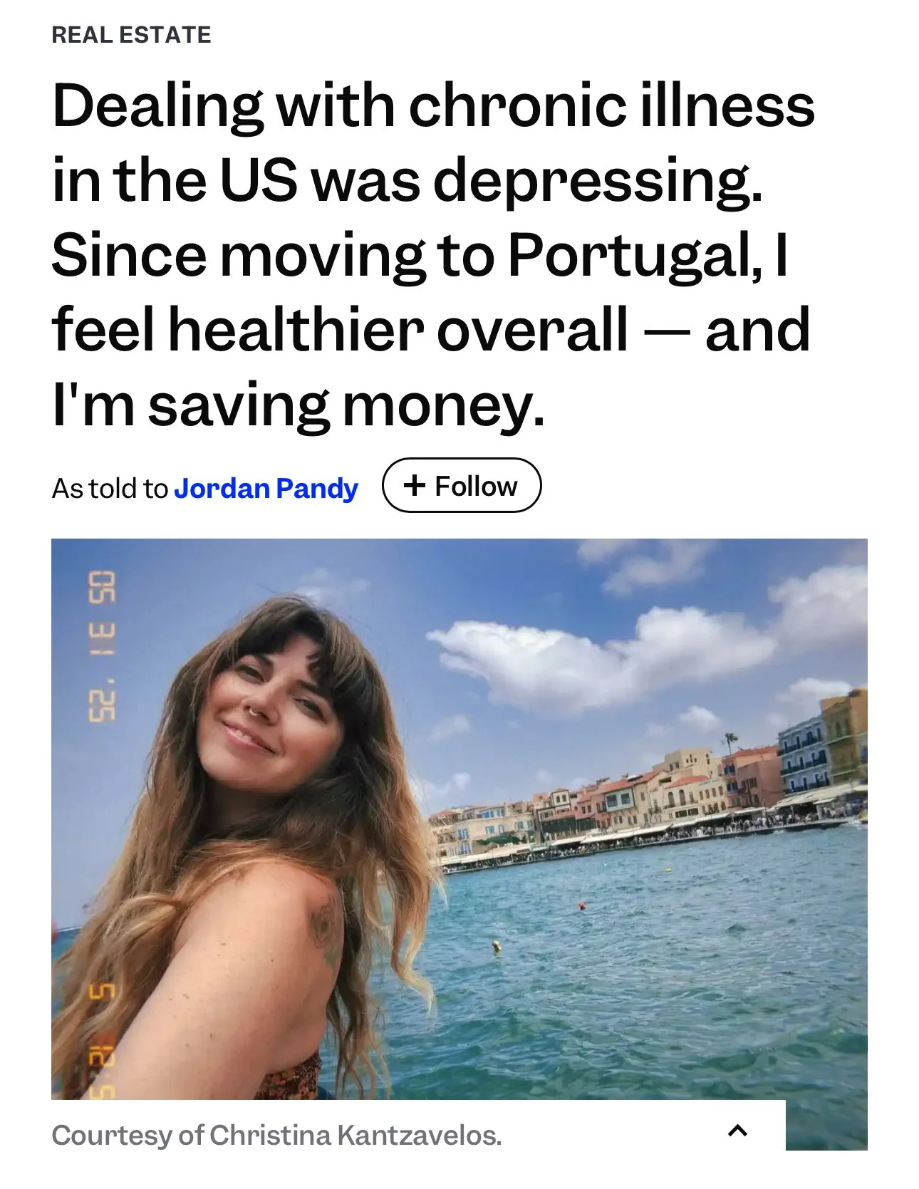 Screenshot of a Business Insider article with the title and “As told to Jordan Pandy” above a photo of a smiling woman taking a selfie along Portugal’s coastline.