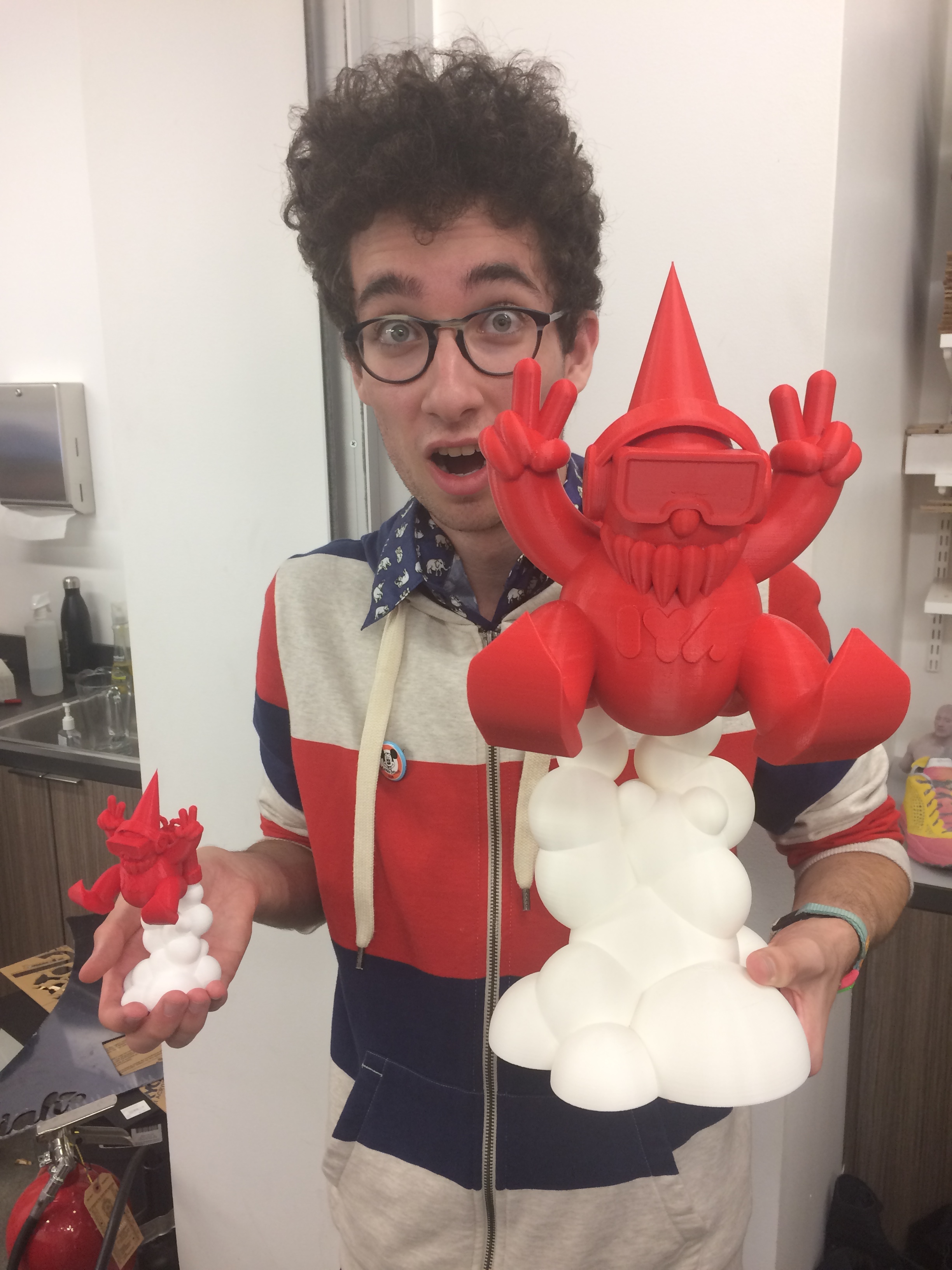  To give a sense of scale, here's a silly photo of me holding the original Jetpack Gnome and the Big Daddy Gnome.&nbsp;  Currently, this is where the project ends. However, there is discussion to in the future divide the model into smaller components