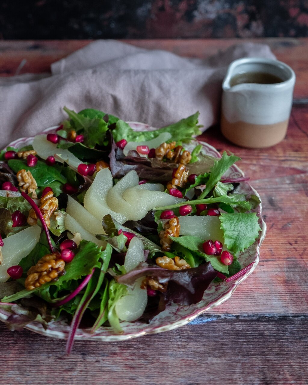 🍐 Poached Pear and Pomegranate Salad with a Maple Sherry Dressing — A