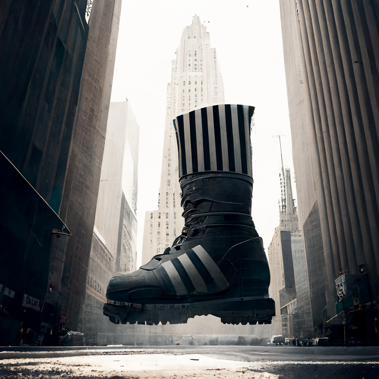 lednac_a_giant_adidas_boot_between_the_tall_buildings_in_the_5t_6099eeb7-56b9-414b-8674-312c27d84189.png
