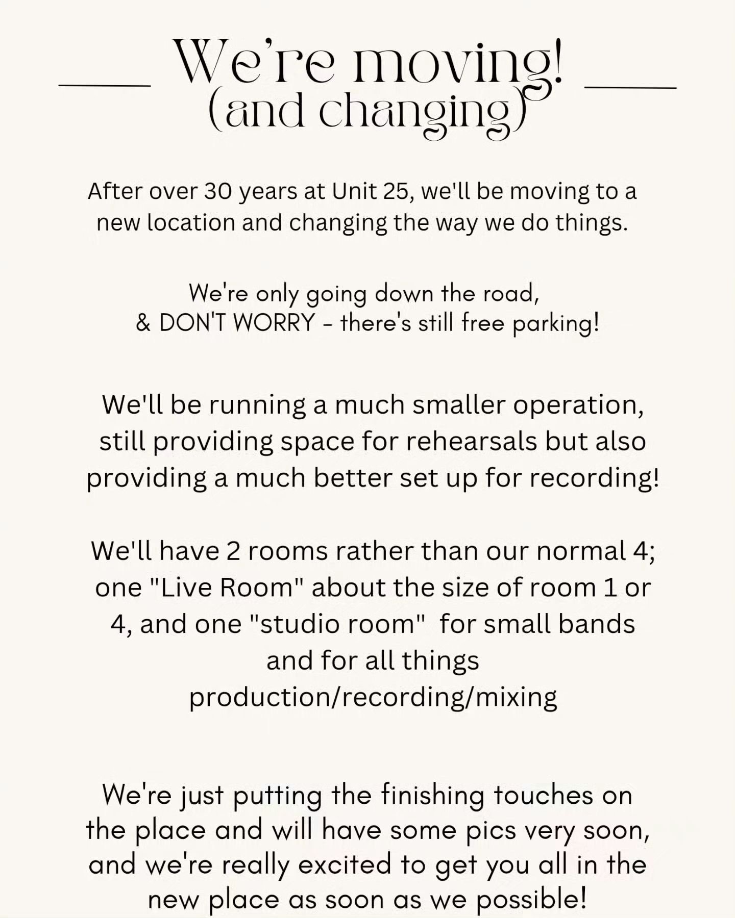 I'm afraid we have some sad news, but also some very exciting news!!

As a lot of you who have been in the studio recently will know, we will be closing the doors at Unit 25 for the last time very soon after over 30 years!

We're really sad to see th