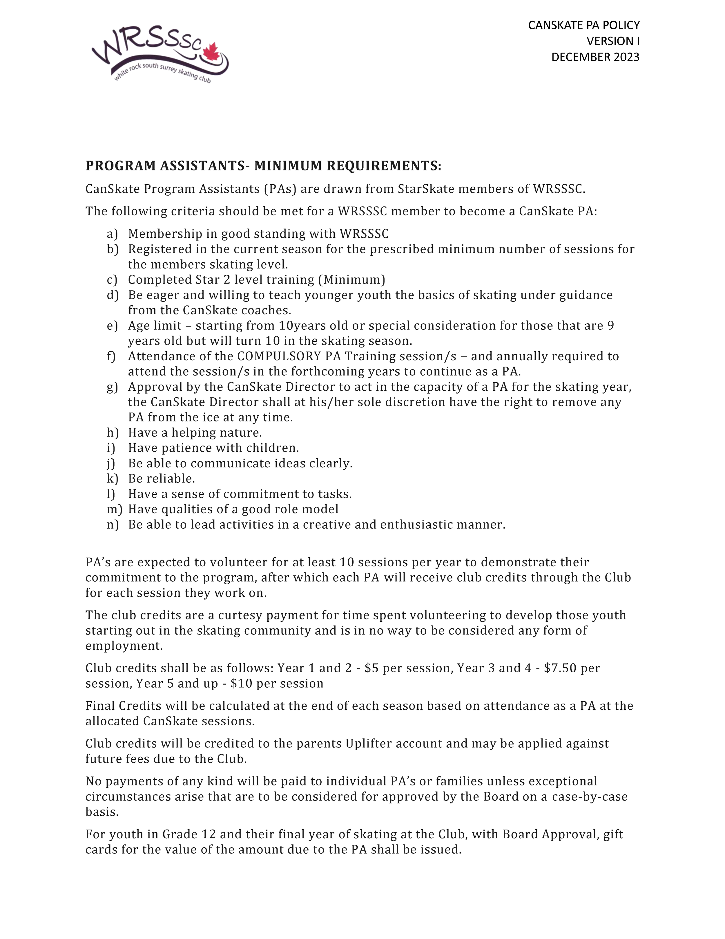 CanSkate PA Policy — WRSSSC