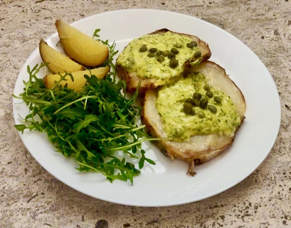 Slow Cooked Celeriac Steaks with Mustard, Capers &amp; Herbs sauce