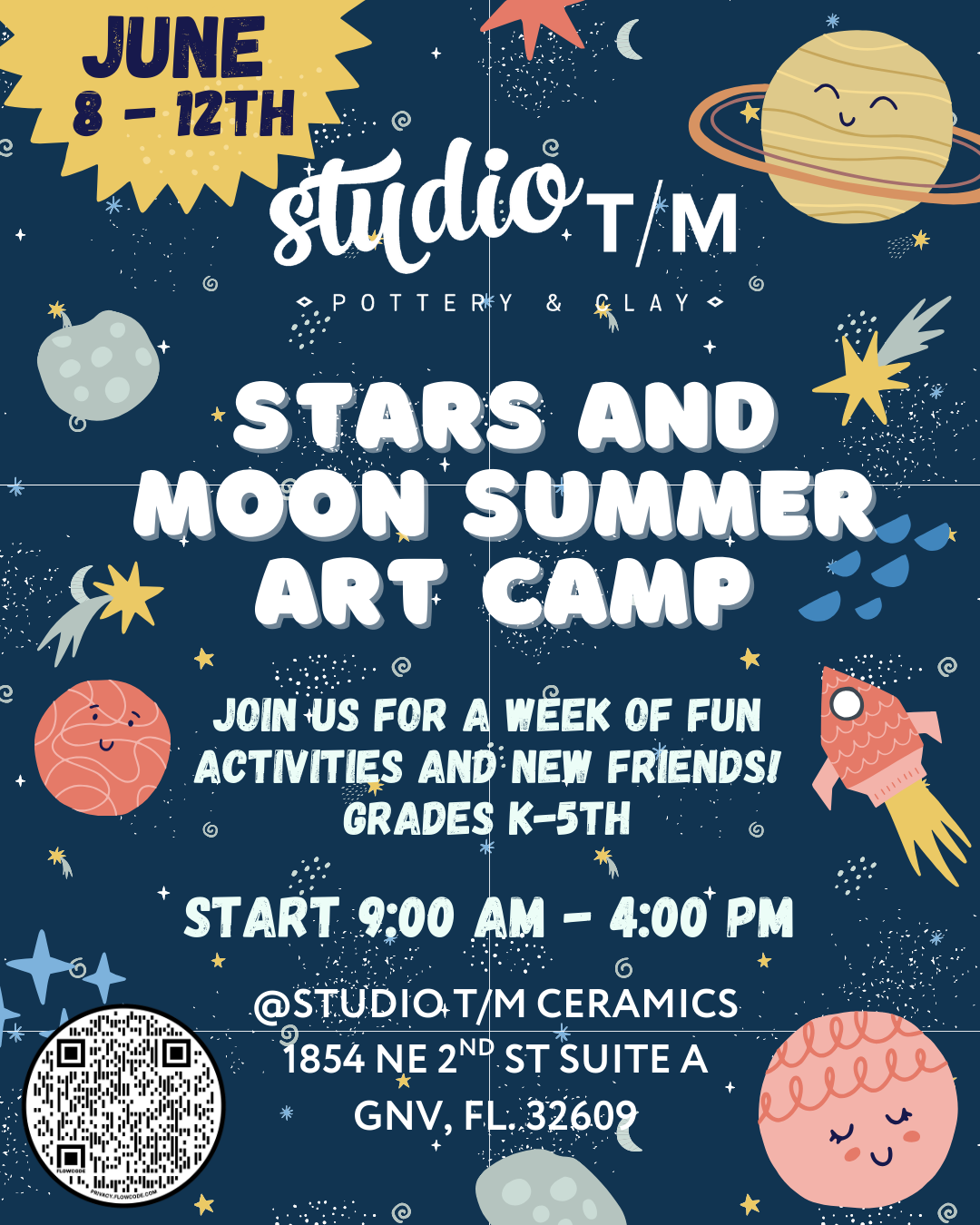 Image is of the starts and moon and describes the date and time for the summer camp week 1.