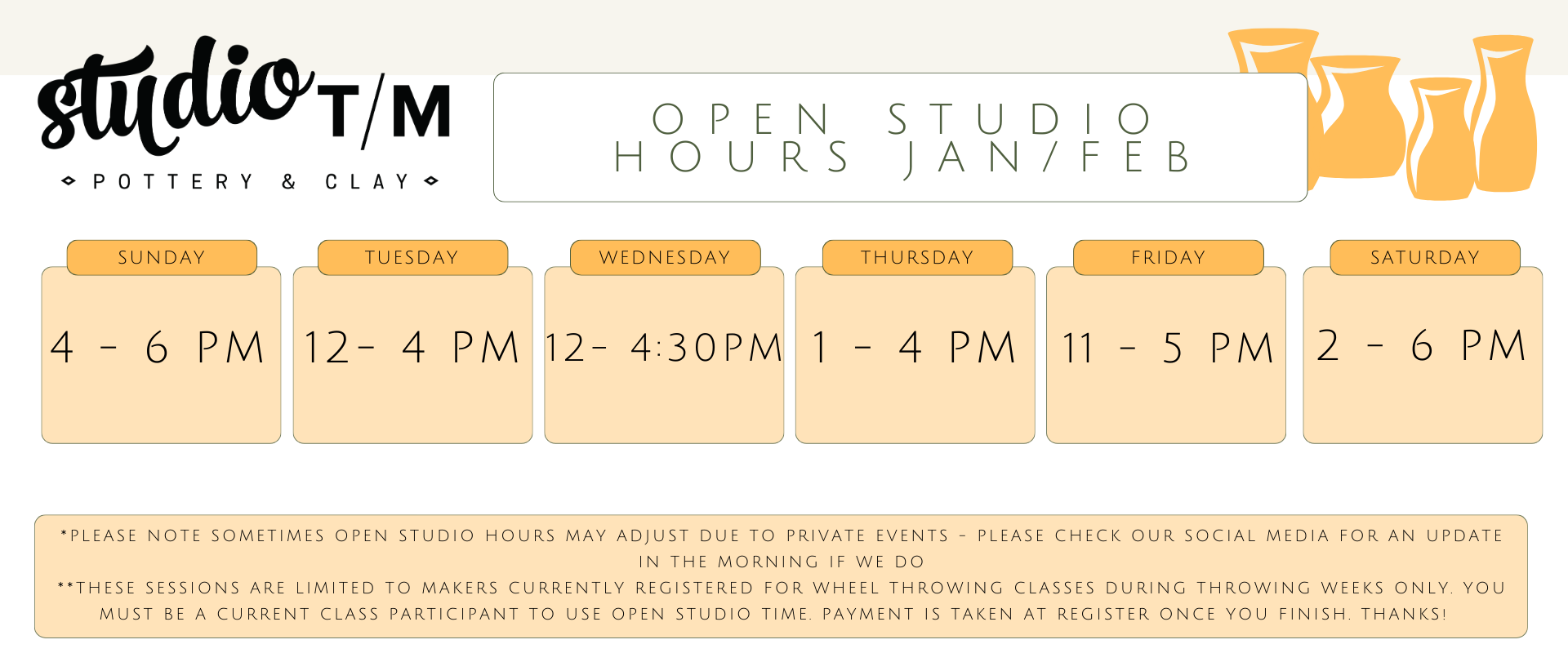 Hours listed for open studios daily for current class participants.