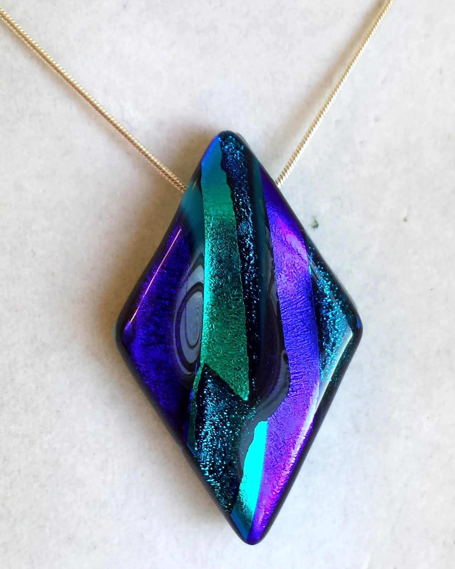 Mixed Blue Dichroic Glass Pendant on a Silver Plated Chain