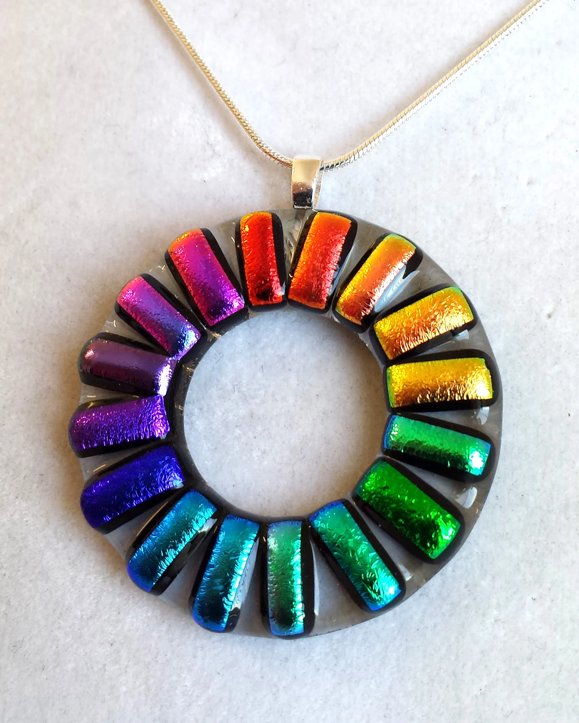 Dichroic Glass Colour Wheel Pendant on a Fused Glass Chain