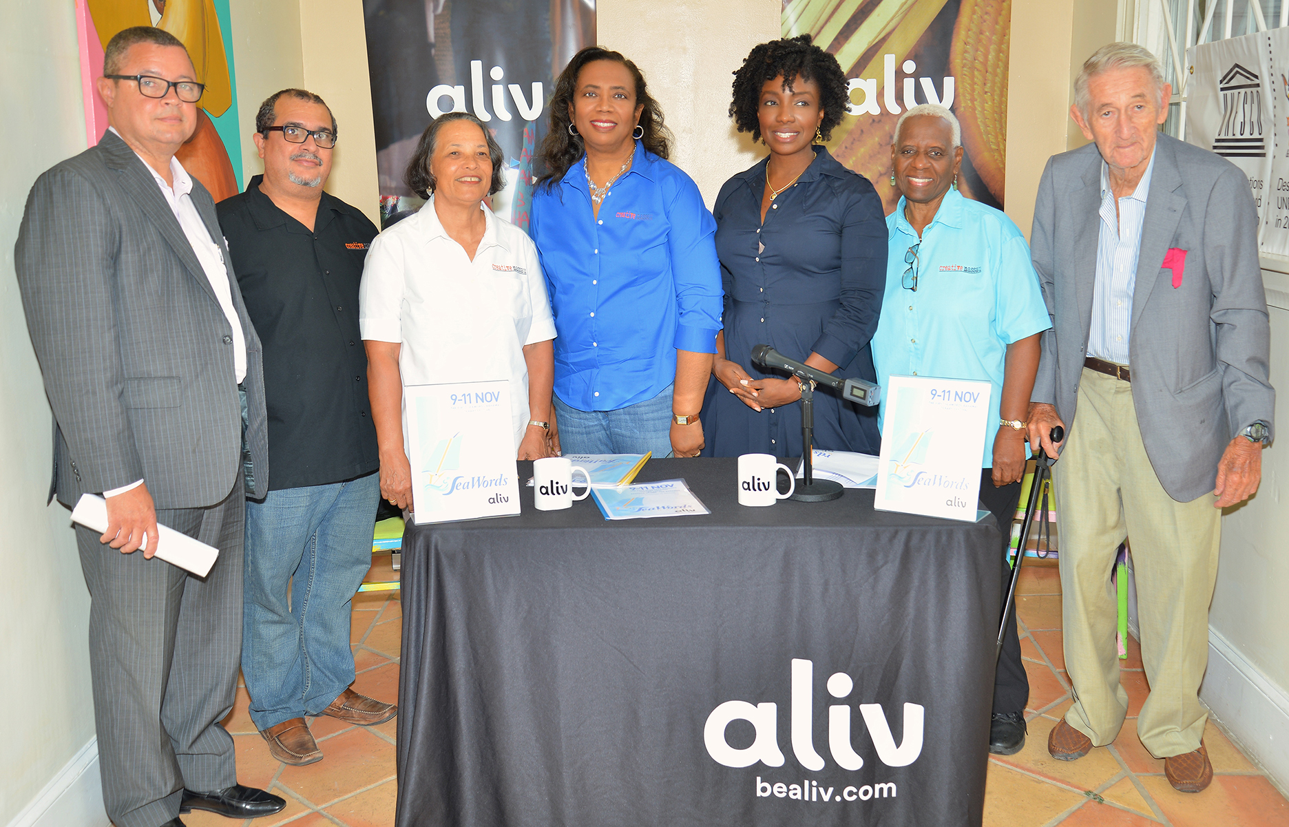Press Conference to announce the official launch of the SeaWords Bahamas Literary Festival. Doongalik Studios, June 6, 2018. (Left to right) Paul McWeeney, President, Sunshine Insurance (Arawak Homes—Diamond Sponsor); Neko Meicholas, Communications, Creative Nassau; Pamela Burnside, President, Creative Nassau; Patrica Glinton-Meicholas, VP, Creative Nassau; Gravette Brown, Chief Aliv Commercial Officer (Aliv, Title Sponsor); Rosemary Hanna, Member, Creative Nassau and Richard Coulson, Member, Organizing Committee, SeaWords Bahamas.