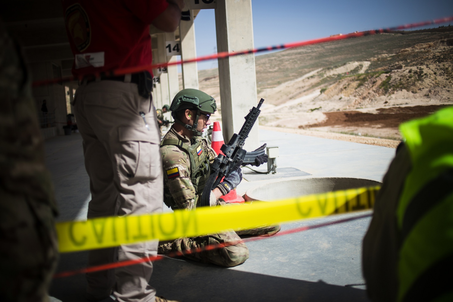  The Colombia team participates in the desert stress shoot event in the seventh annual Warrior Competition at the King Abdullah II Special Operations Training Center near Amman, Jordan, on April 21, 2015. 