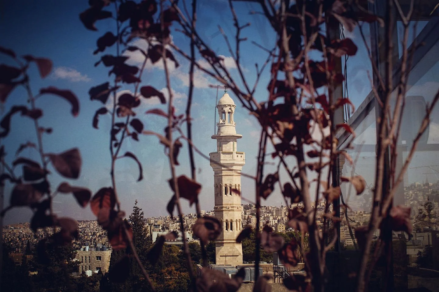 First signs of fall and a view of a minaret from Rainbow Street in Amman.