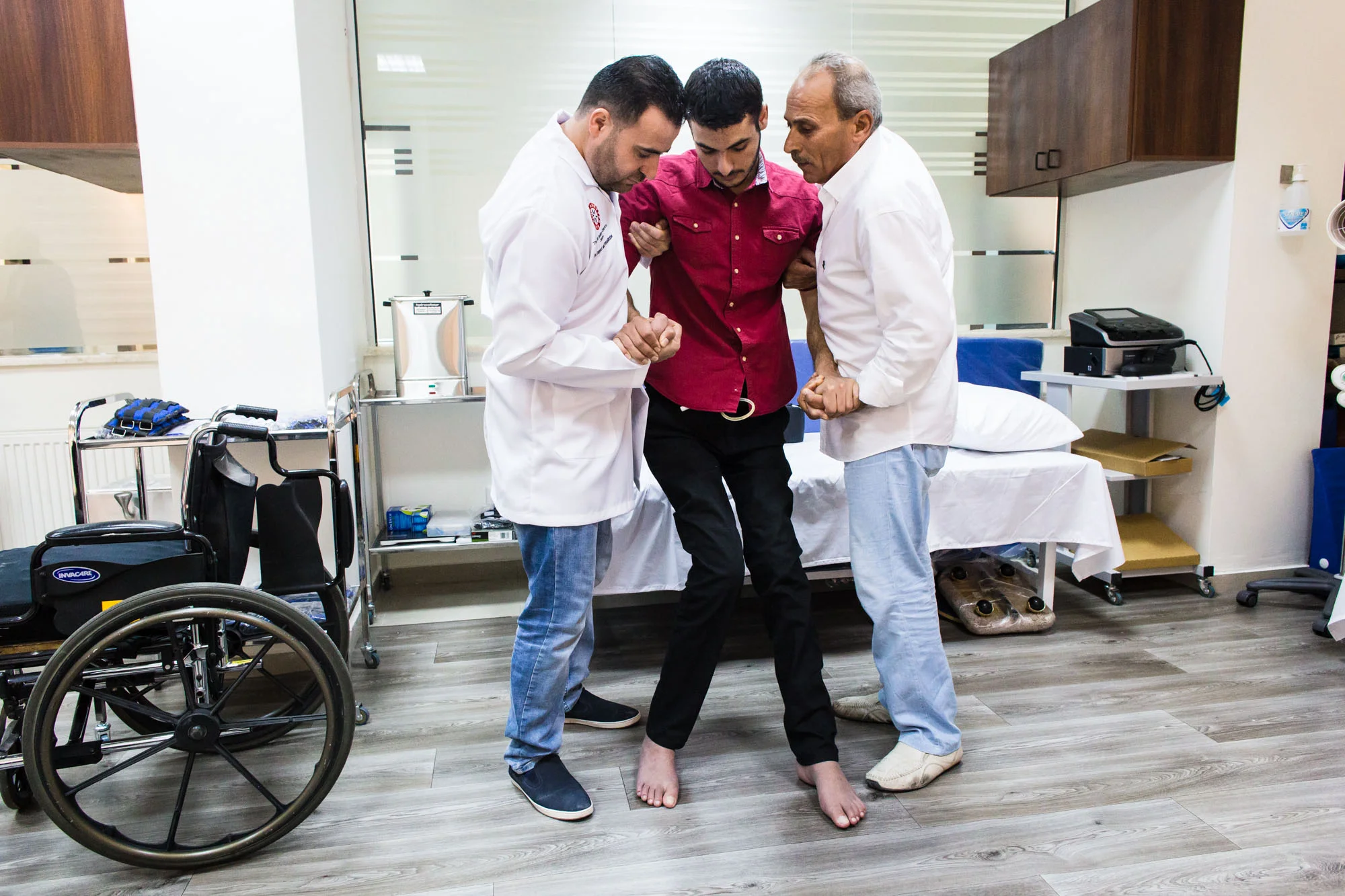 A Syrian man who suffered a spinal injury undergoes physiotherapy treatment at the Find a Better Way center in Amman.