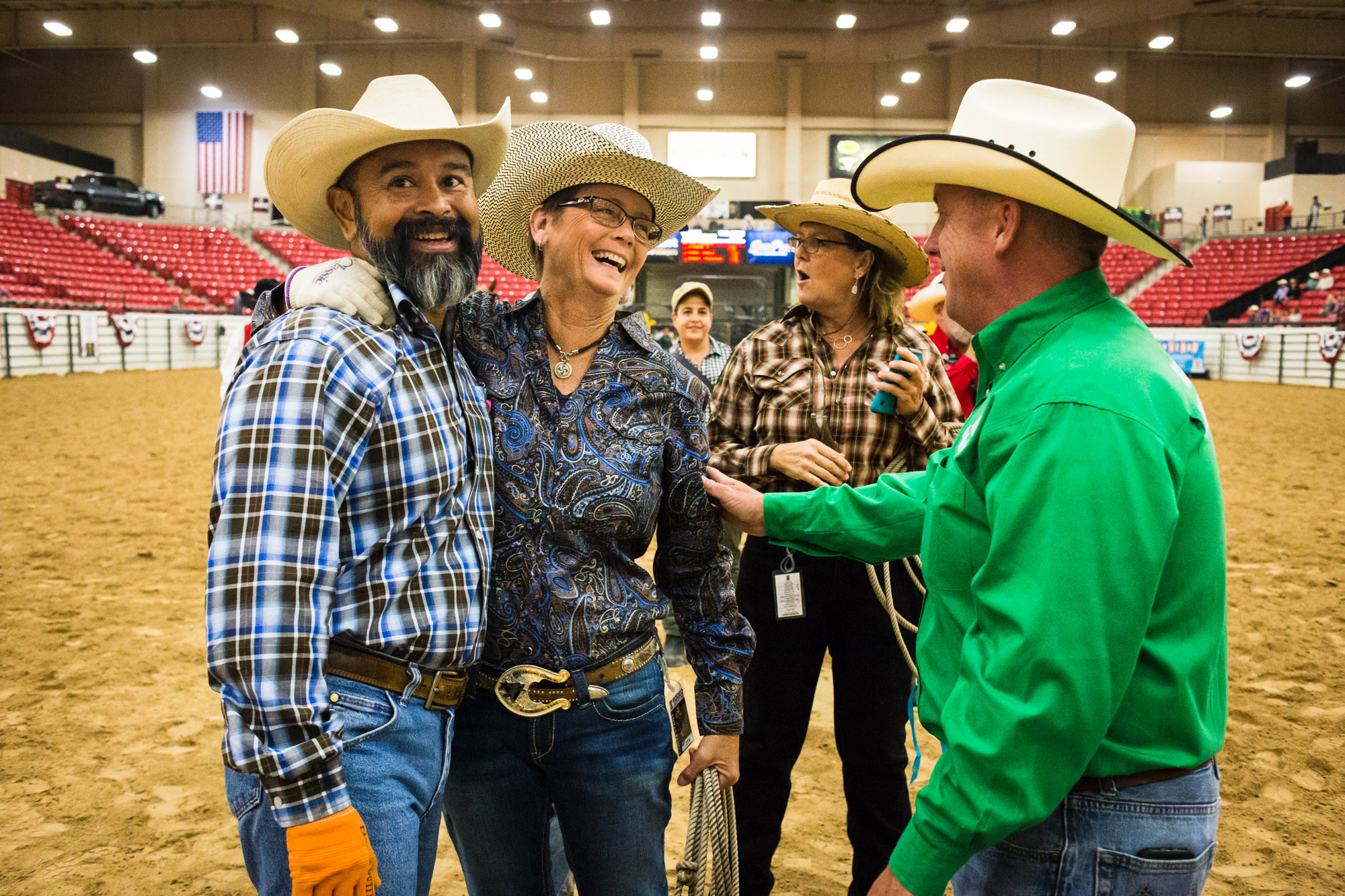  Deb Freeman of Morgan Hill, CA, is congratulated by friends after successfully roping her calf during the World Gay Rodeo Finals in Las Vegas, NV. 