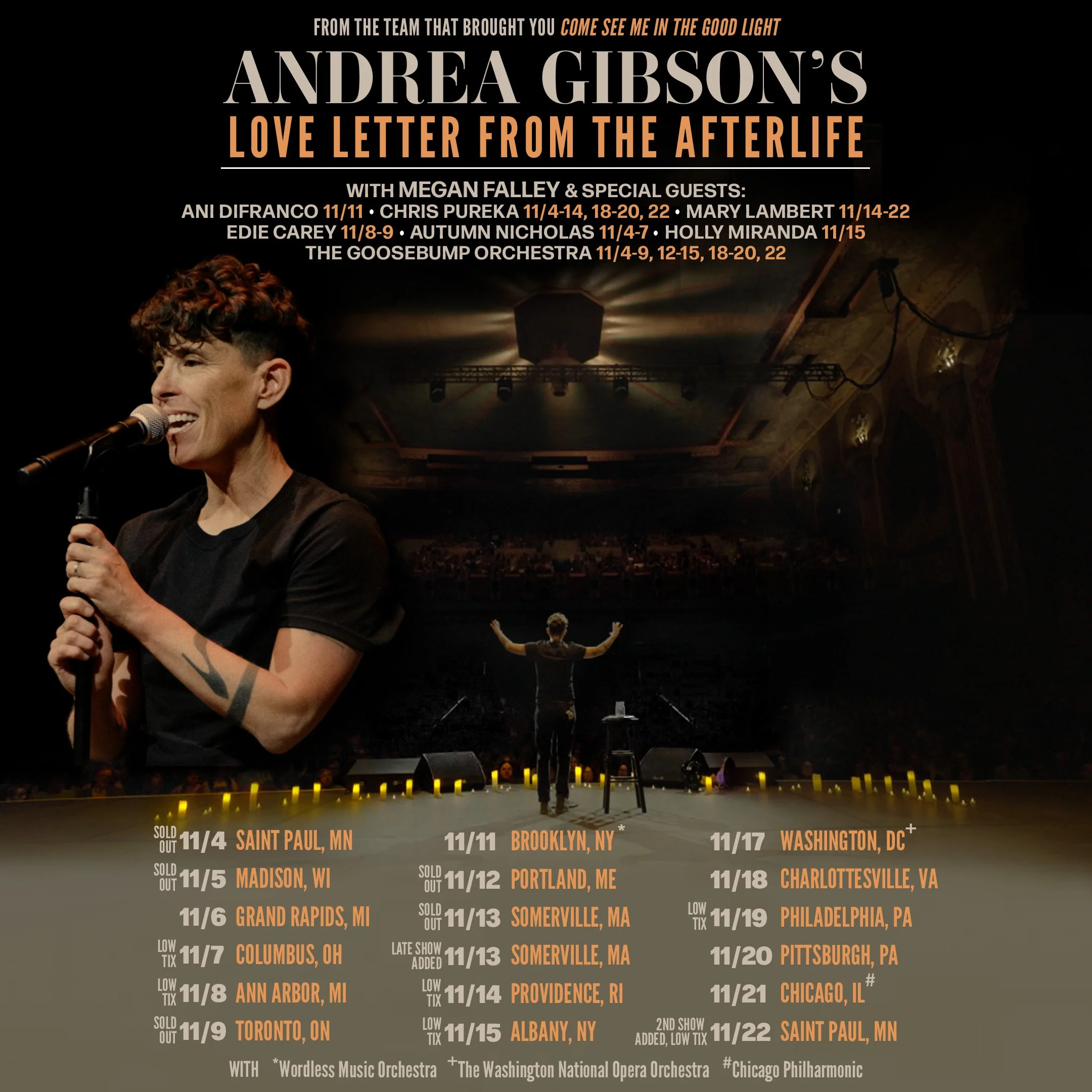 Andrea Gibson stands on stage with a microphone, facing a seated audience. Tour dates and cities are listed below for “Love Letter From the Afterlife.”