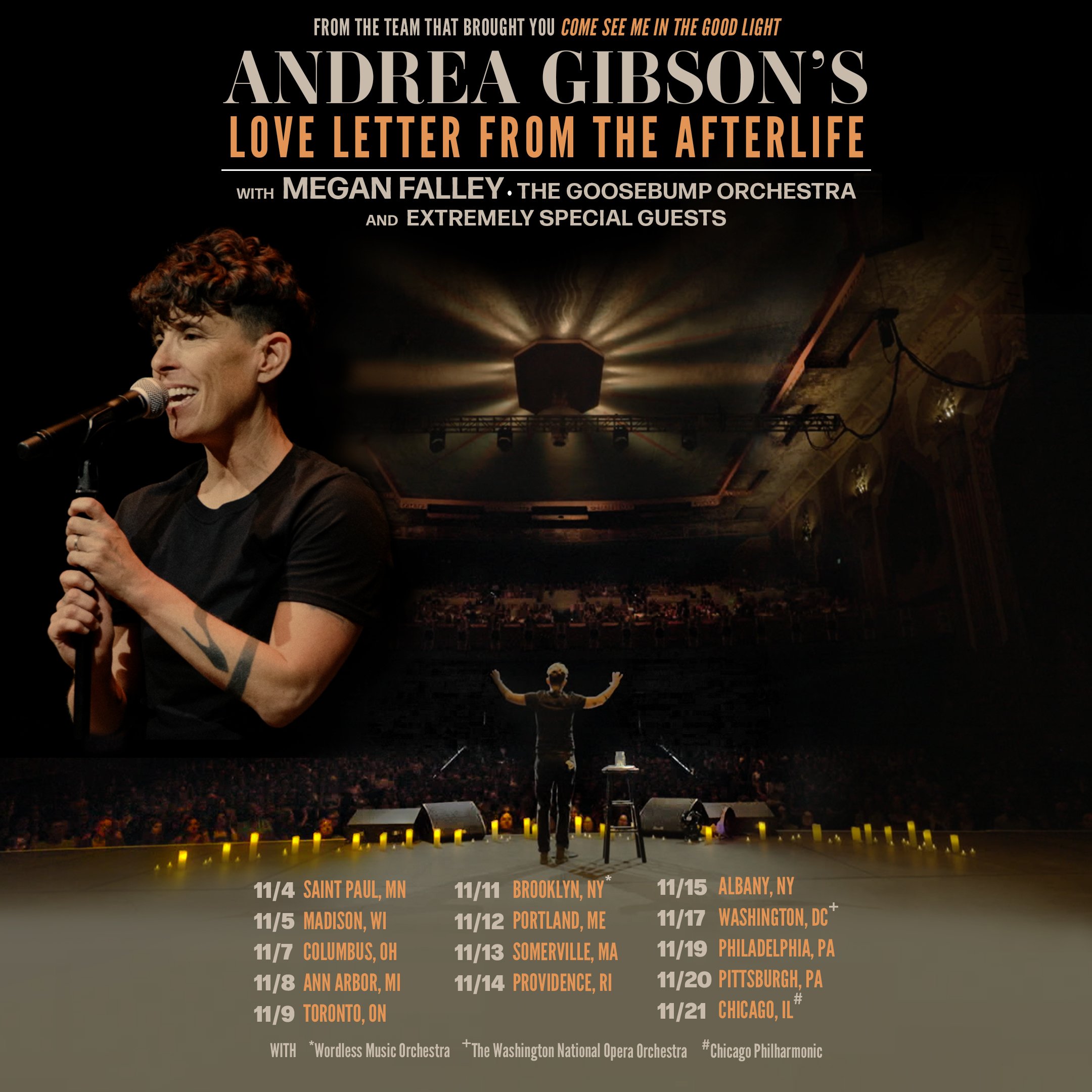 Andrea Gibson stands on stage with a microphone, facing a seated audience. Tour dates and cities are listed below for “Love Letter From the Afterlife.”.