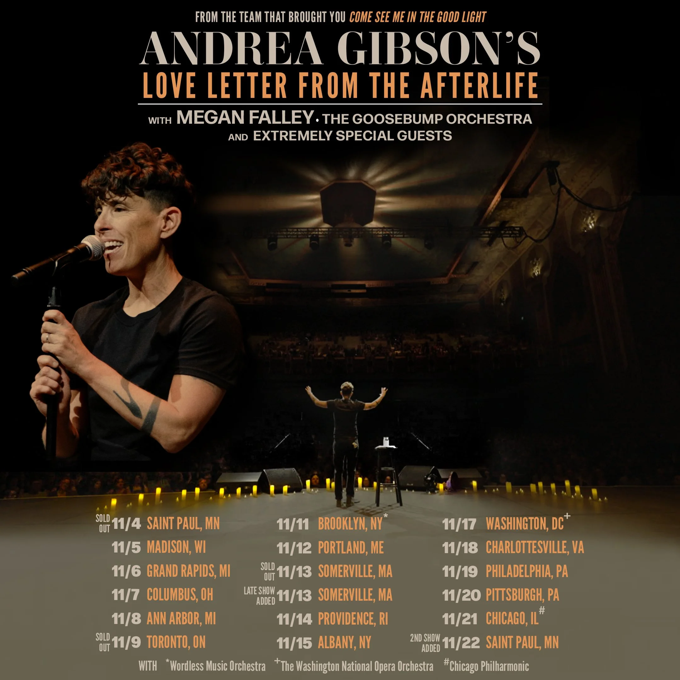 Andrea Gibson stands on stage with a microphone, facing a seated audience. Tour dates and cities are listed below for “Love Letter From the Afterlife.”
