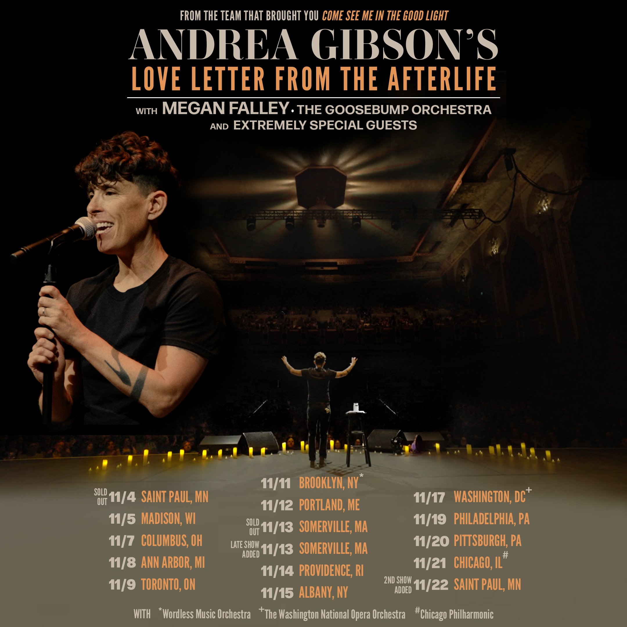 Andrea Gibson stands on stage with a microphone, facing a seated audience. Tour dates and cities are listed below for “Love Letter From the Afterlife.”