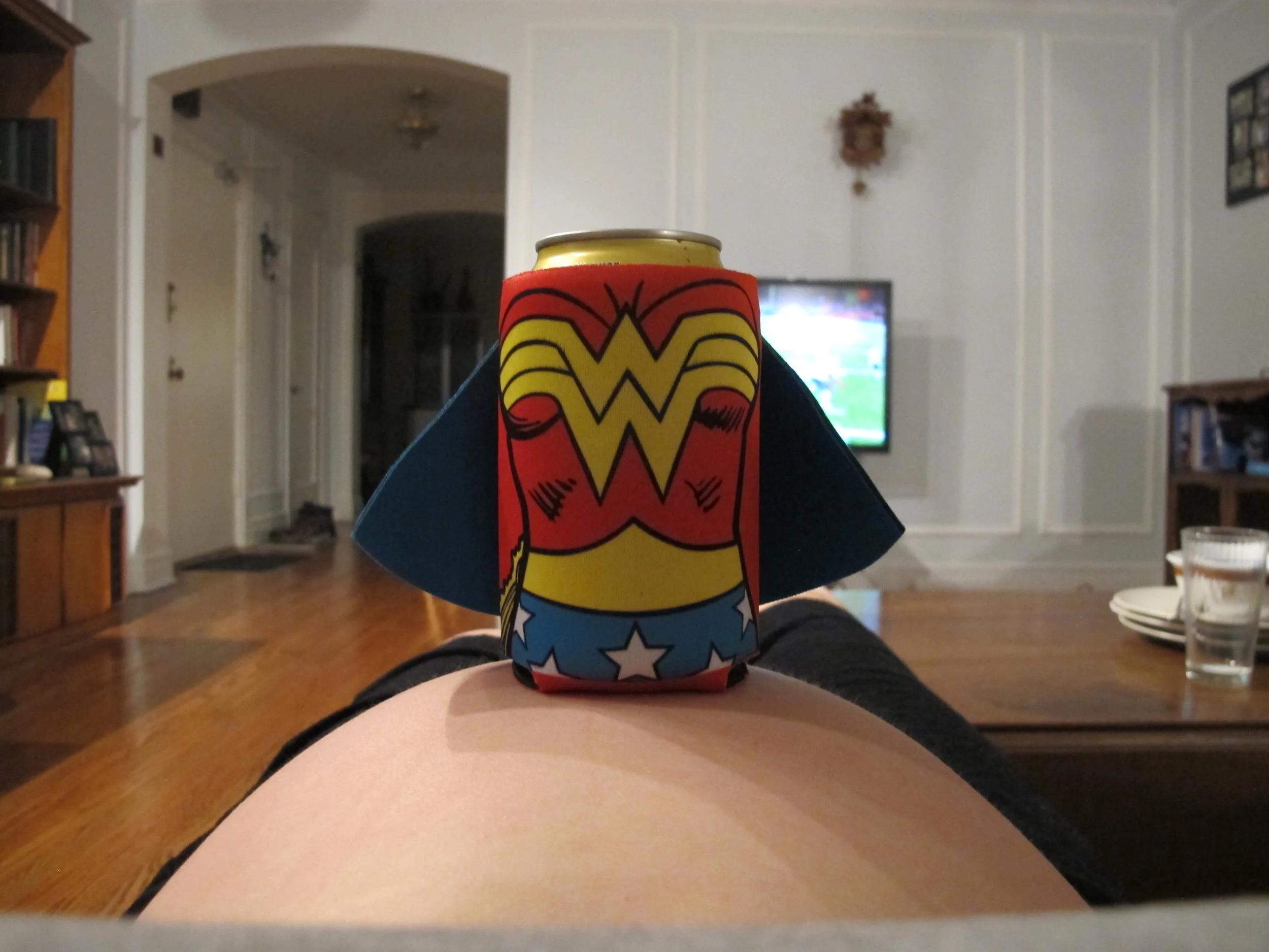 I used my preggy belly as a snack holder - don't worry, this was a can of lemonade.