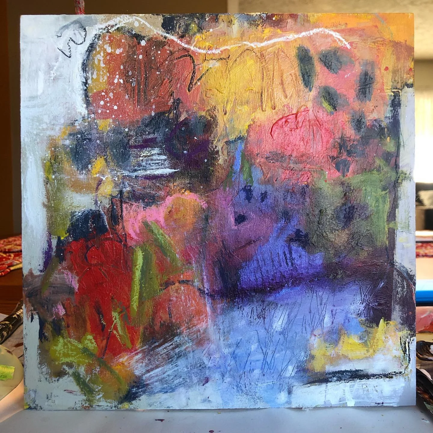 My art art practice over the last week. Many projects, but nothing completed. But it&rsquo;s the process, right?!

The first pic is a small abstract painting that I worked and worked and may have worked it too much! Got tired of it, so left it. 

👉I