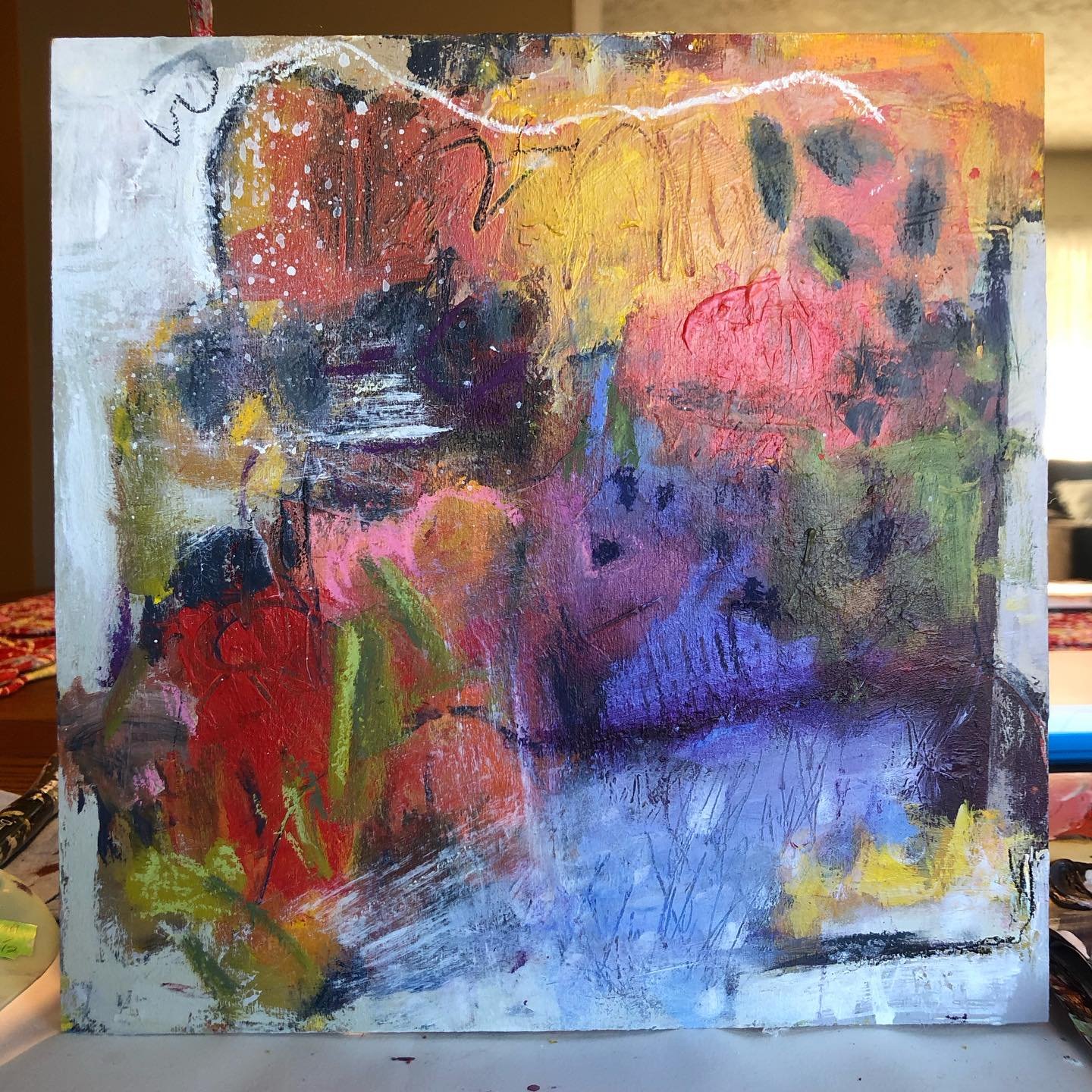 My art art practice over the last week. Many projects, but nothing completed. But it&rsquo;s the process, right?!

The first pic is a small abstract painting that I worked and worked and may have worked it too much! Got tired of it, so left it. 

👉I