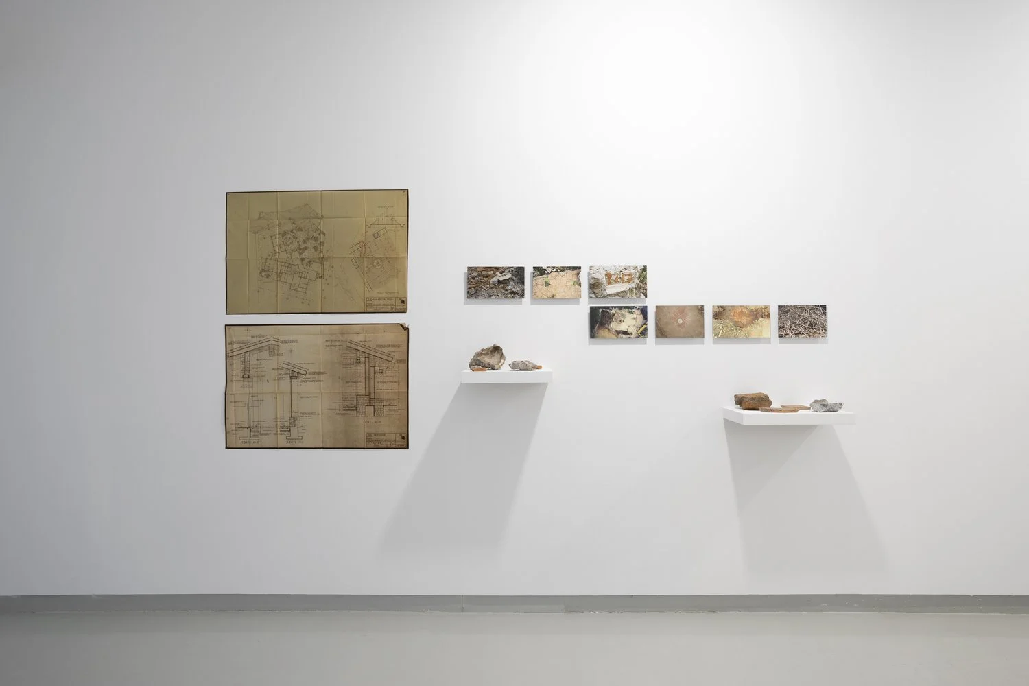    Tláloc/Contadero   Wall piece: 7 Colour Photographs on cotton Hahenmuhle Fine Art Paper 285g mounted on dibond and 9 pieces of remains of a demolished house (fragments of tiles, bricks, agglomerated cement) on a metal shelf measuring 80 x 60 cm. P