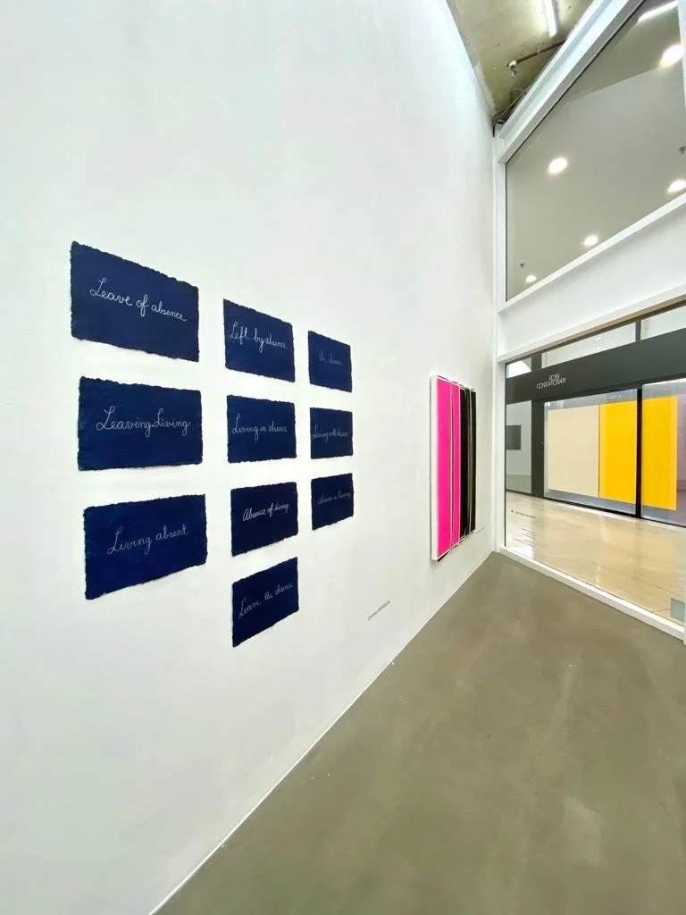    Leave of Absence/Leave the Absence   Drawings on cotton rag paper tinted in Indigo and white wax crayon 24 x 36 cm each  Frederick Mouraux Gallery , 2023  