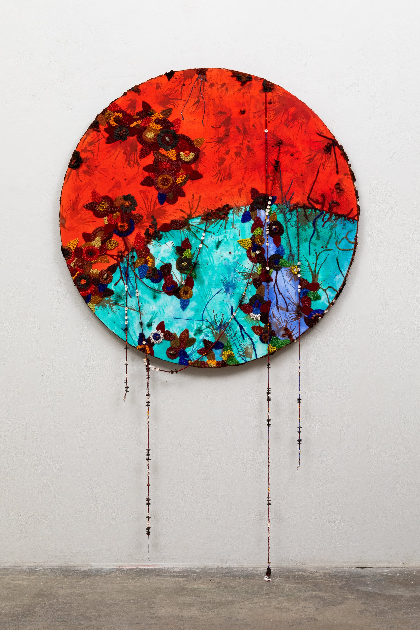  What The Waters Know ( In Ocean We Are Everywhere)  2023  48 diameter inches  Oil, acrylic, wood, glass beads, pumice, jasper, cowries, pistachio shells, African fish bone, African coconut shell, glitter, and breath on cotton canvas 
