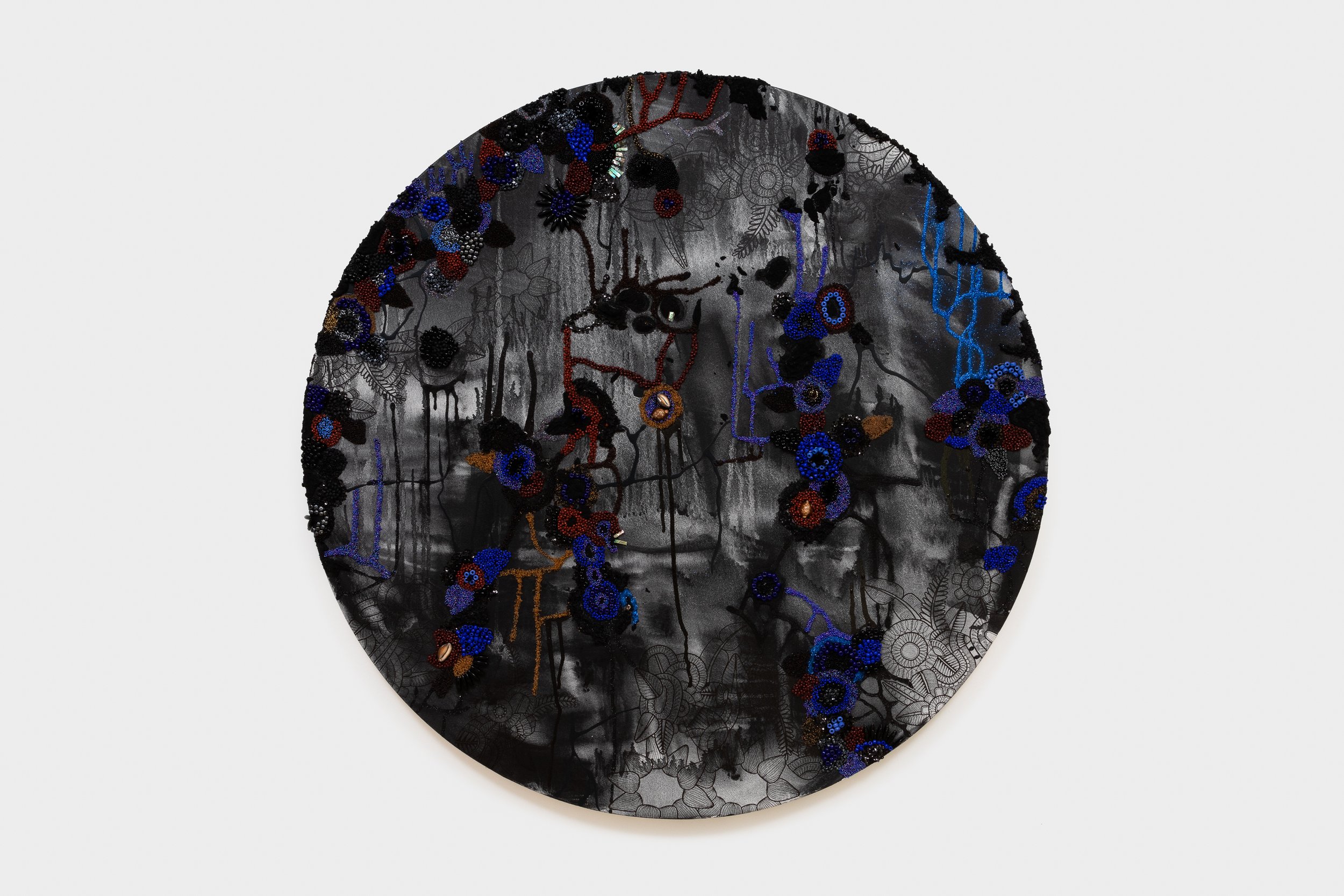  Stay Where I Can See You   2023  48 diameter inch  Oil, acrylic, glitter, glass seed beads, pumice, bone, cowries, gun metal, and black sand on canvas  