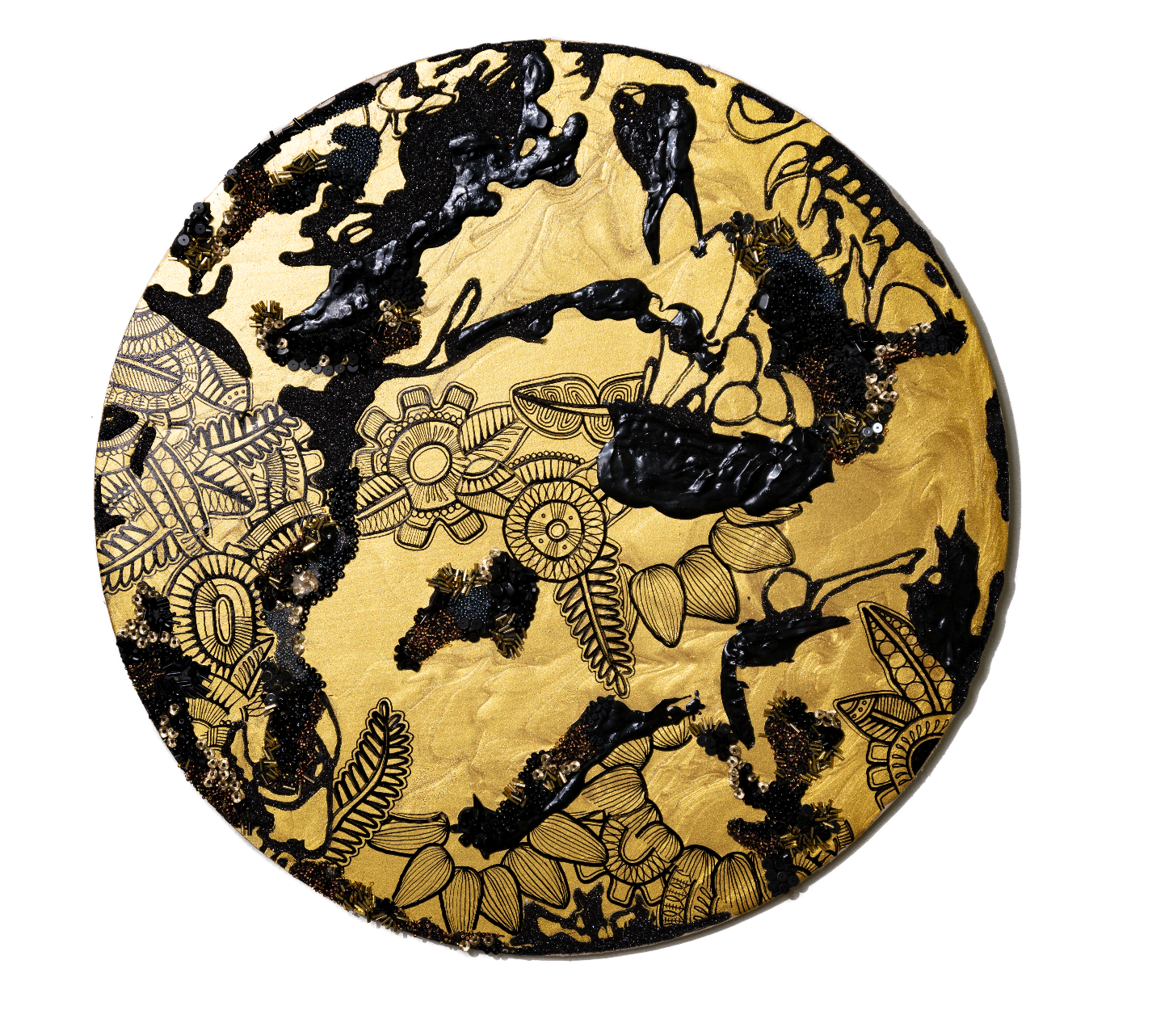  Gold Moon  2023  oil, acrylic, glitter, and glass seed beads on birch  20 diameter inches 