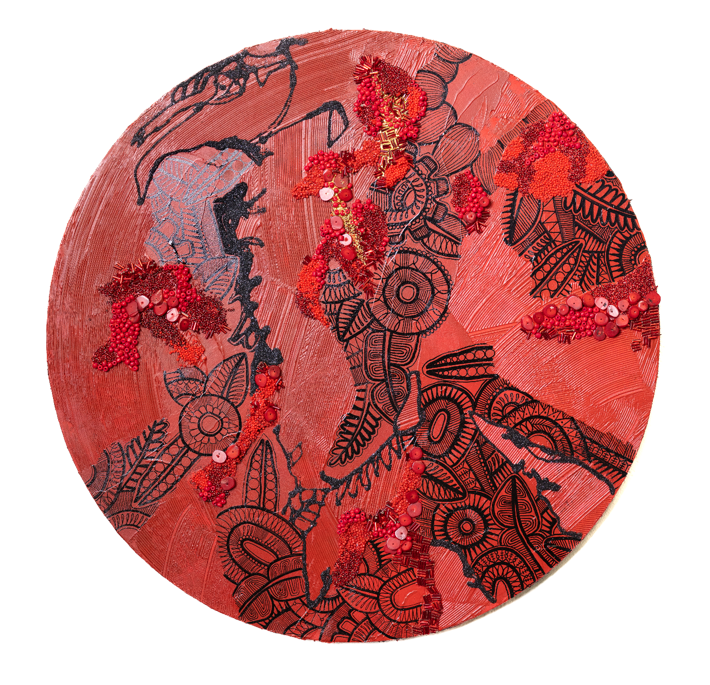  You Can't Burn Womxn Made Of Fire  2023  oil, acrylic, glitter, glass seed beads, and coral on birch  20 diameter inches 