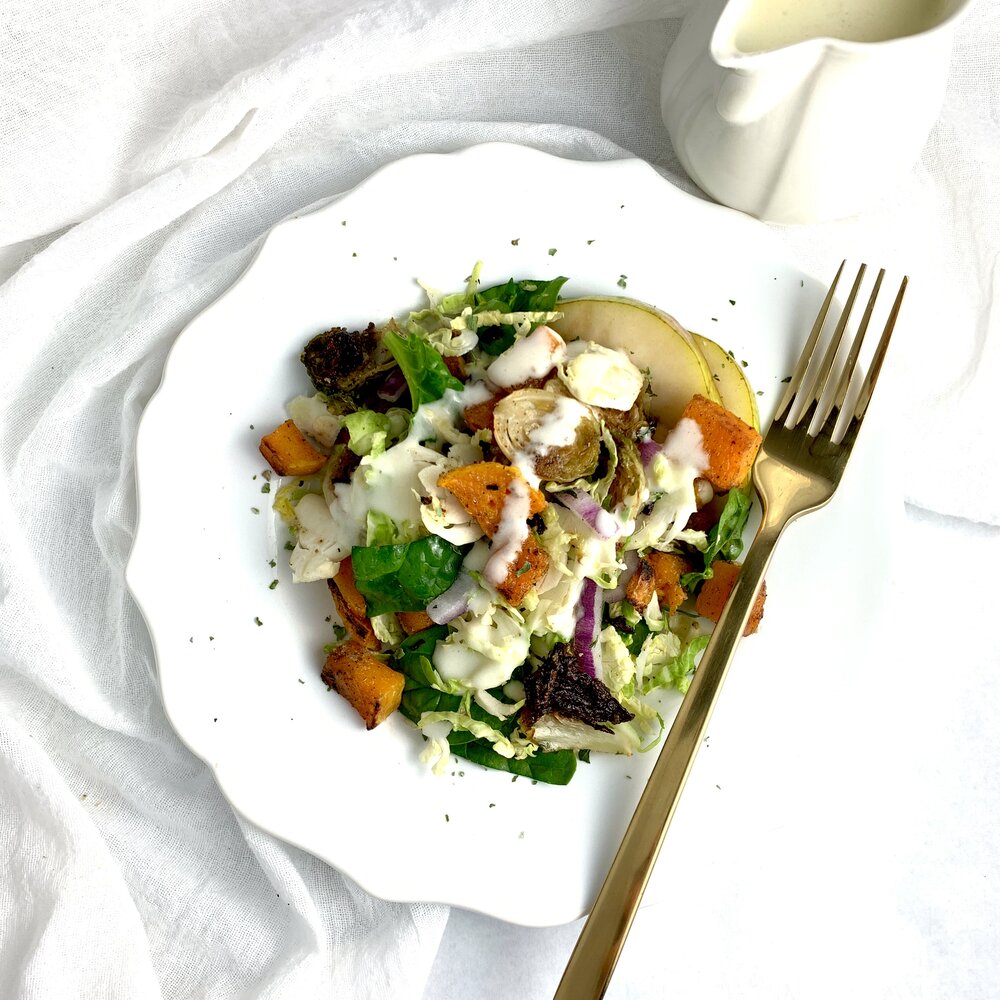 Roasted Butternut & Brussels Sprouts Salad with Pear Vinaigrette — This ...