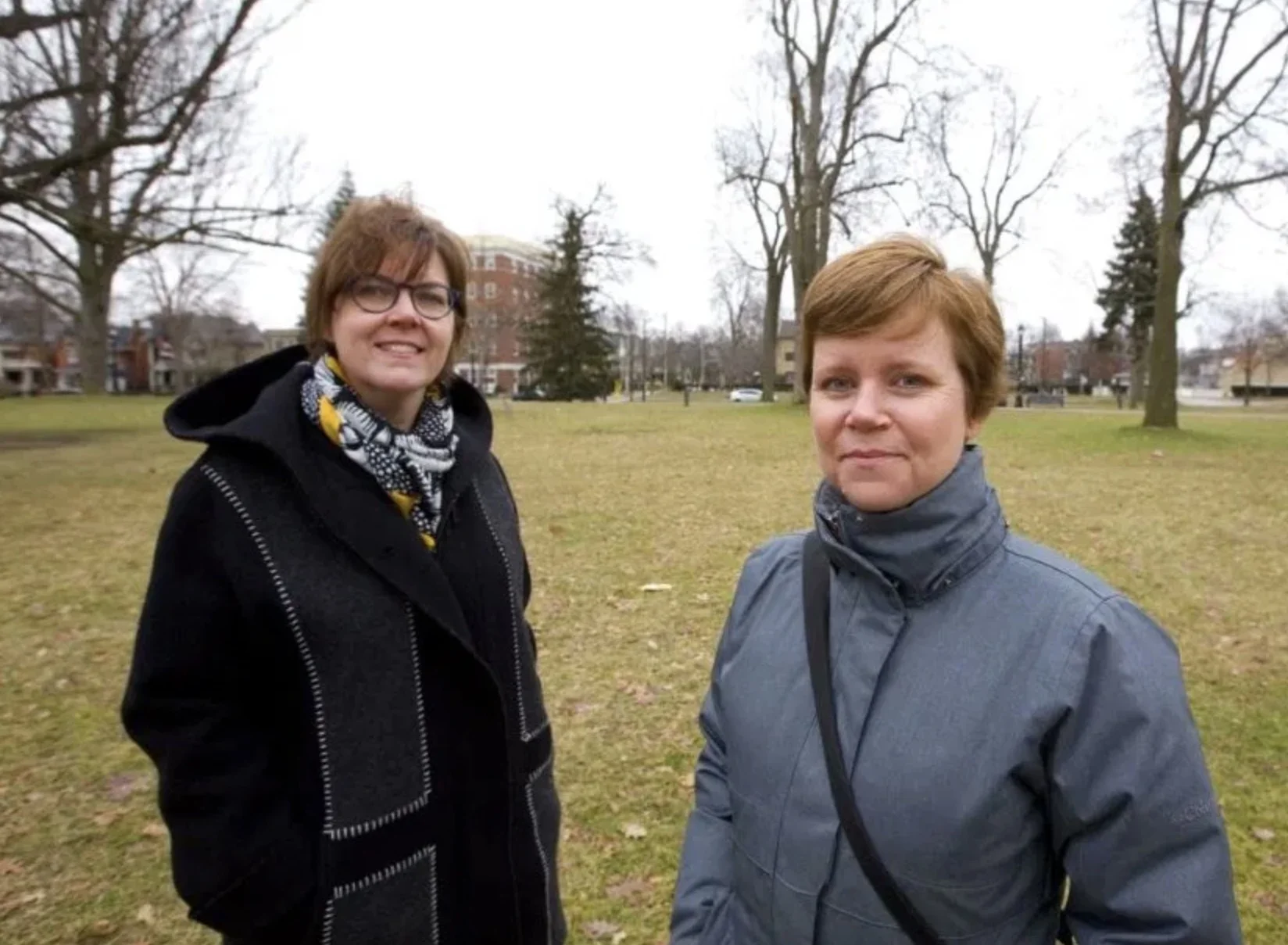Kate Rapson, chair of the Woodfield Community Association, and Shawna Lewkowitz, president of the Urban League, want Londoners to speak up about the kind of development they could tolerate around Victoria Park. (Mike Hensen/The London Free Press)