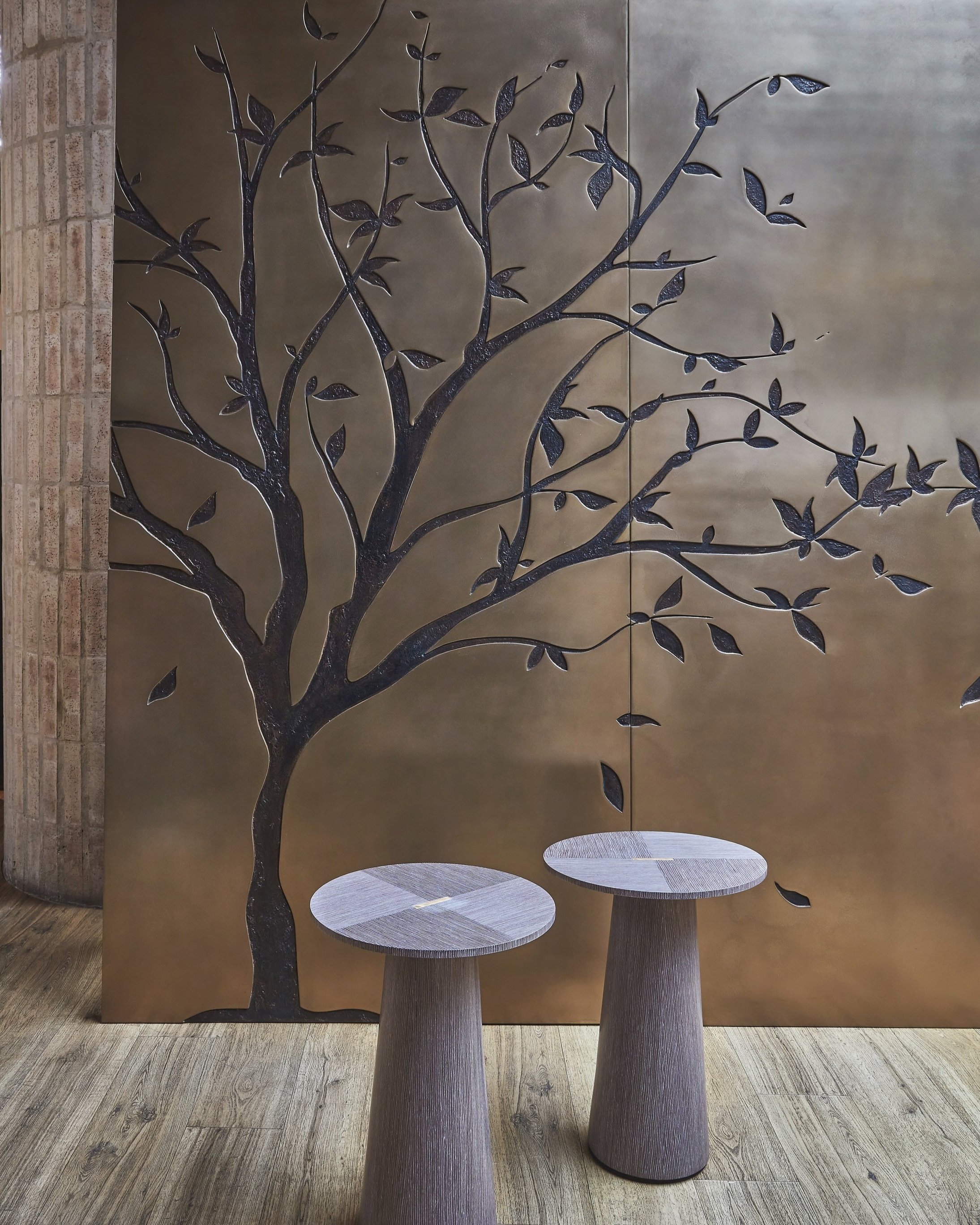  Jimeco architectural finishes shown in: custom tree motif in bronze and aged textured bronze 